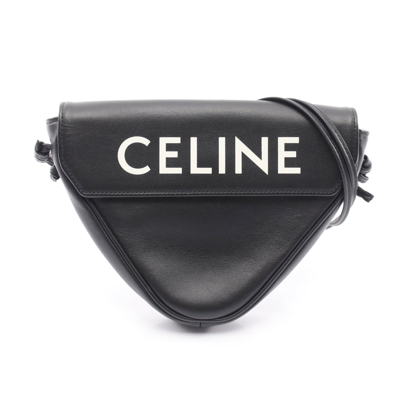 Celine Triangle Leather Shoulder Bag: Authentic and authenticated Celine Triangle shoulder bag in black leather. Model 10I193DMO.38SI. Approx. 15H x 20W x 3D cm with 82-155 cm strap. No accessories listed.