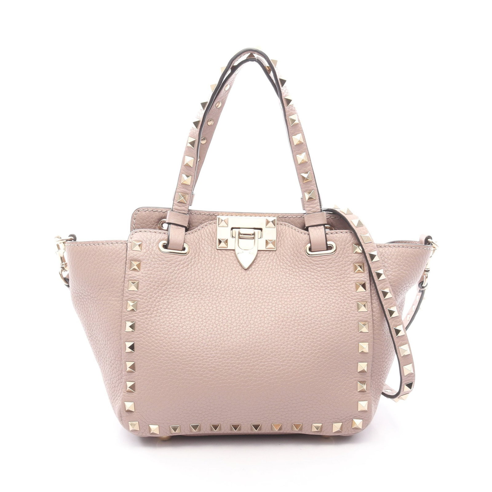 Valentino Rockstud 2WAY Handbag Pink: Authentic and authenticated Valentino Garavani Rockstud 2WAY handbag in pink beige leather. Approx. 18H x 30/19W x 8D cm with 31 cm handle and 119 cm strap. Includes shoulder strap.