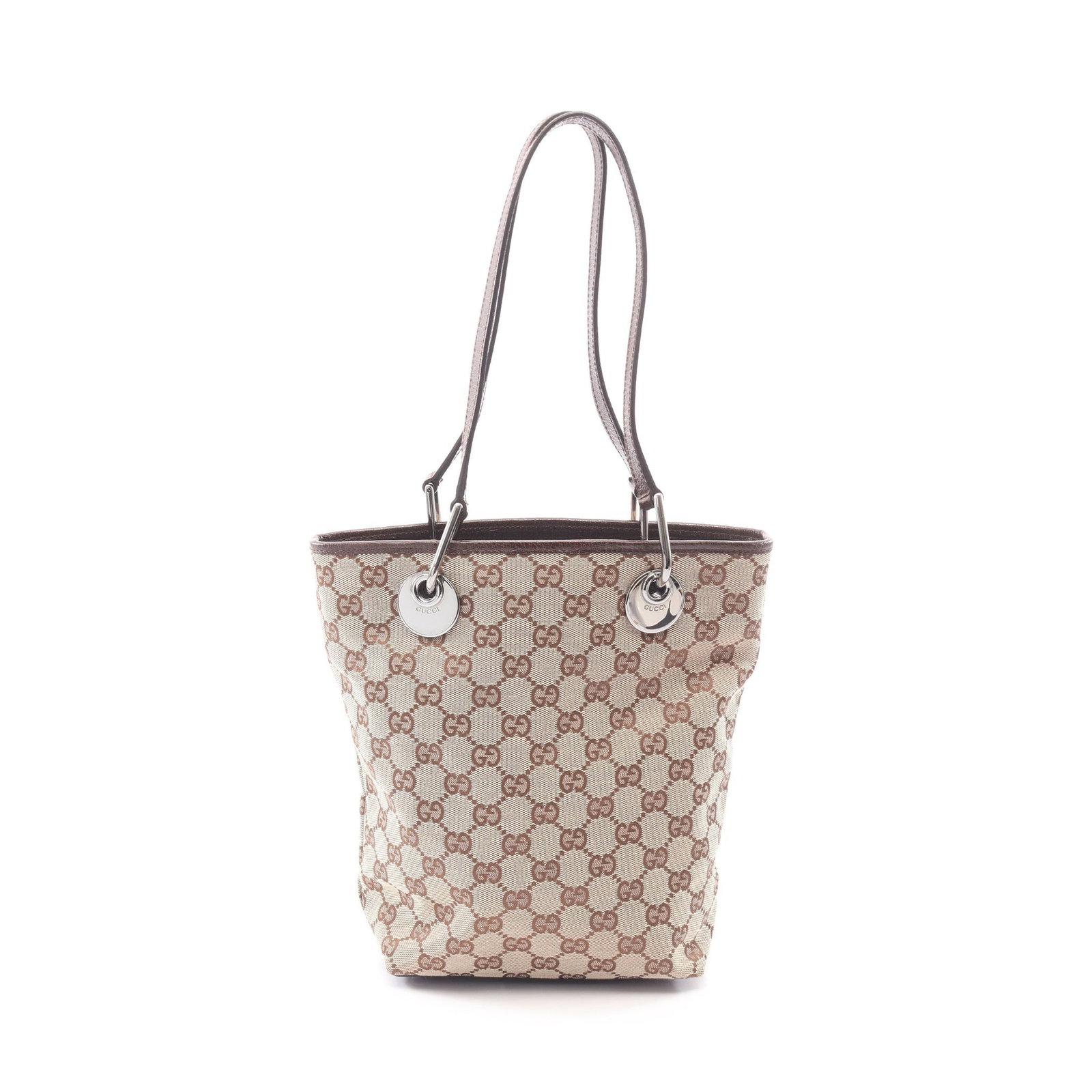 Gucci GG Canvas Beige Brown Tote: Authentic and authenticated Gucci GG canvas shoulder tote bag in beige/dark brown canvas and leather. Model 120840. Approx. 25H x 27/18W x 11D cm with 54 cm strap and 22 cm max drop.