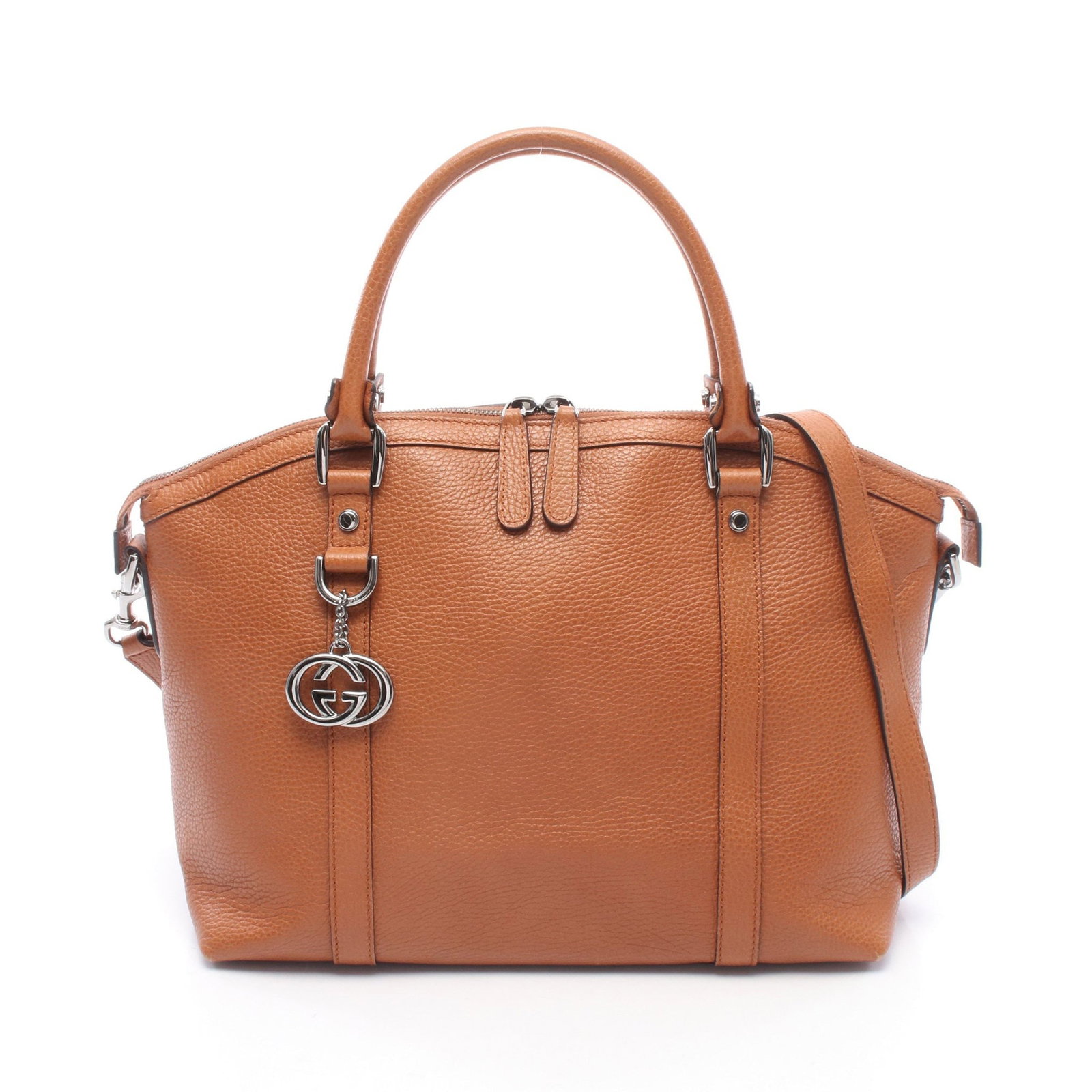 Gucci Interlocking G 2WAY Tote Brown: Authentic and authenticated Gucci Interlocking G with charm 2WAY tote handbag in brown leather. Model 341503. Approx. 26H x 39/33W x 15D cm with 41 cm handle and 136 cm strap. No accessories listed.