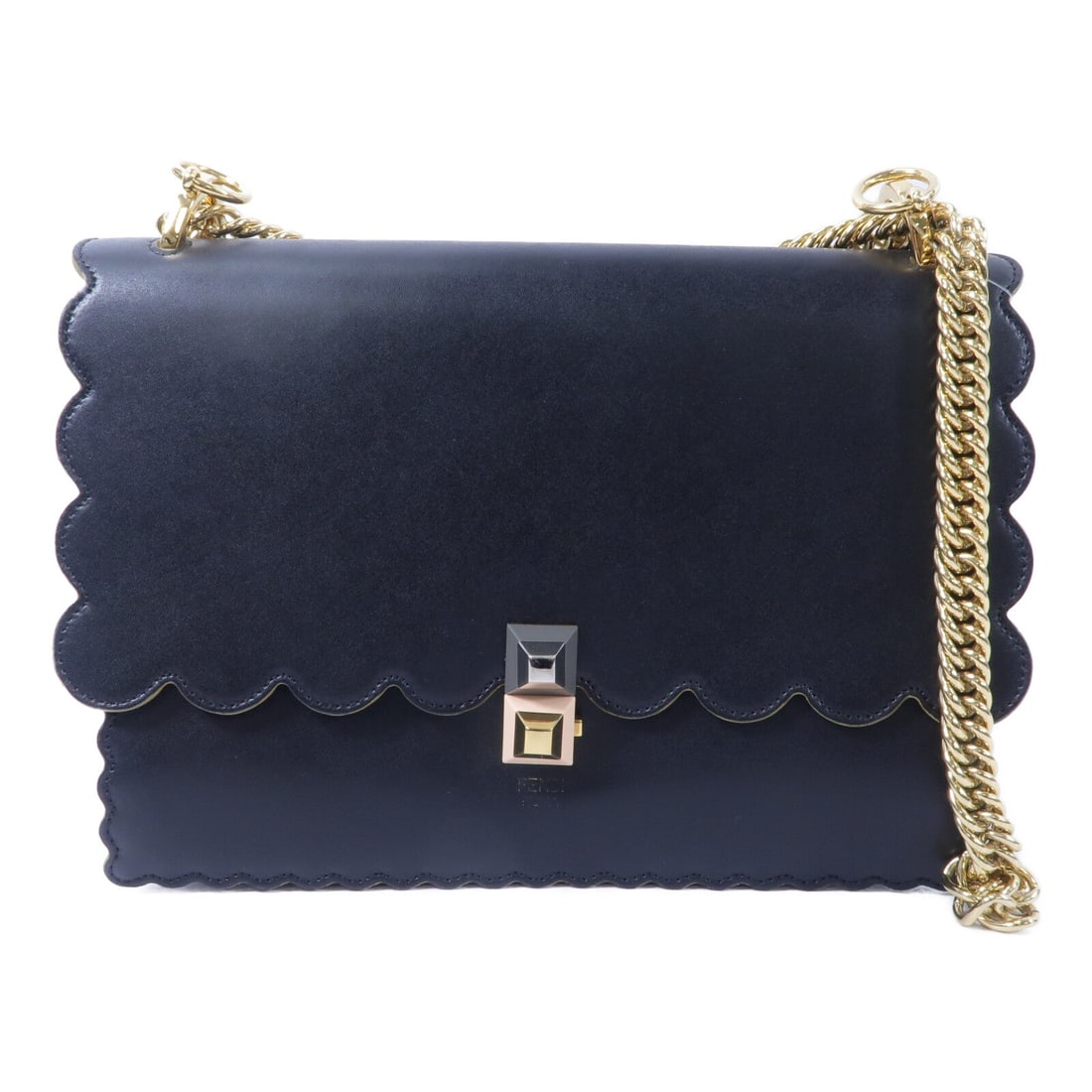 Fendi Kan I Chain Shoulder Bag: Authentic and authenticated Fendi Kan I chain shoulder bag in black calfskin. Product no. 179-8241. Approx. 25W x 18H x 11D cm with 60-100 cm strap. Includes storage bags.