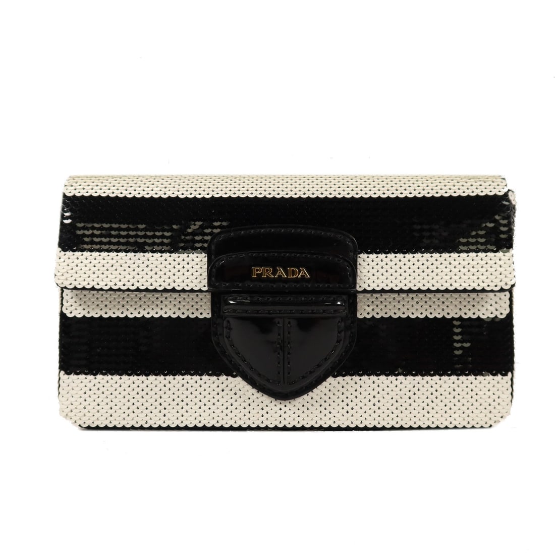 Prada Sequin Patent Clutch Black: Authentic and authenticated Prada sequin clutch second bag in black/white sequin and patent leather. Product no. 7/P. Approx. 24W x 14H x 4D cm. Includes guarantee.