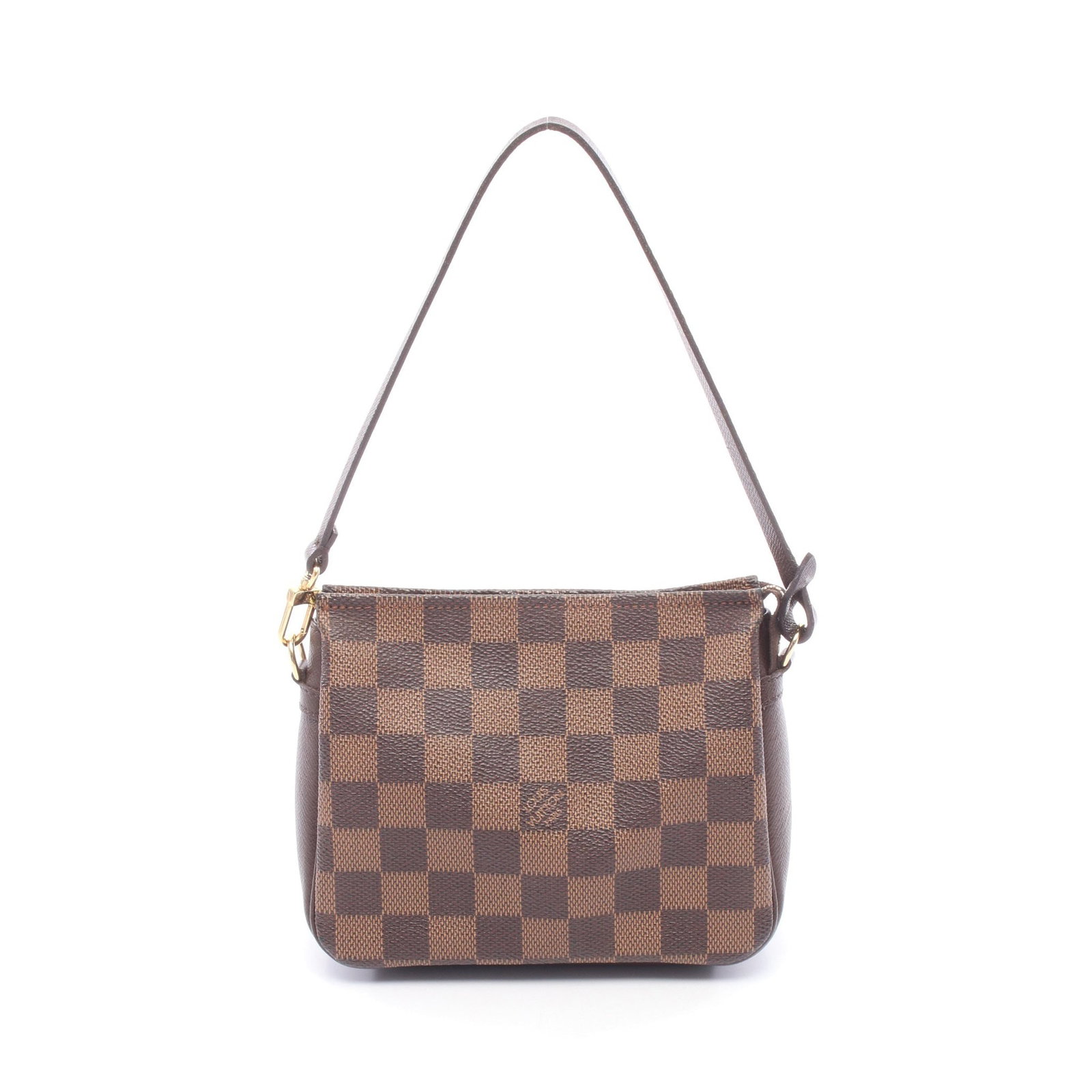 LV Trousse Makeup Damier Ebene: Authentic and authenticated Louis Vuitton Trousse Makeup Damier Ebene handbag in brown PVC and leather. Model N51982, product no. SP0033. Approx. 14H x 16/16.5W x 5.5D cm with 43 cm handle.