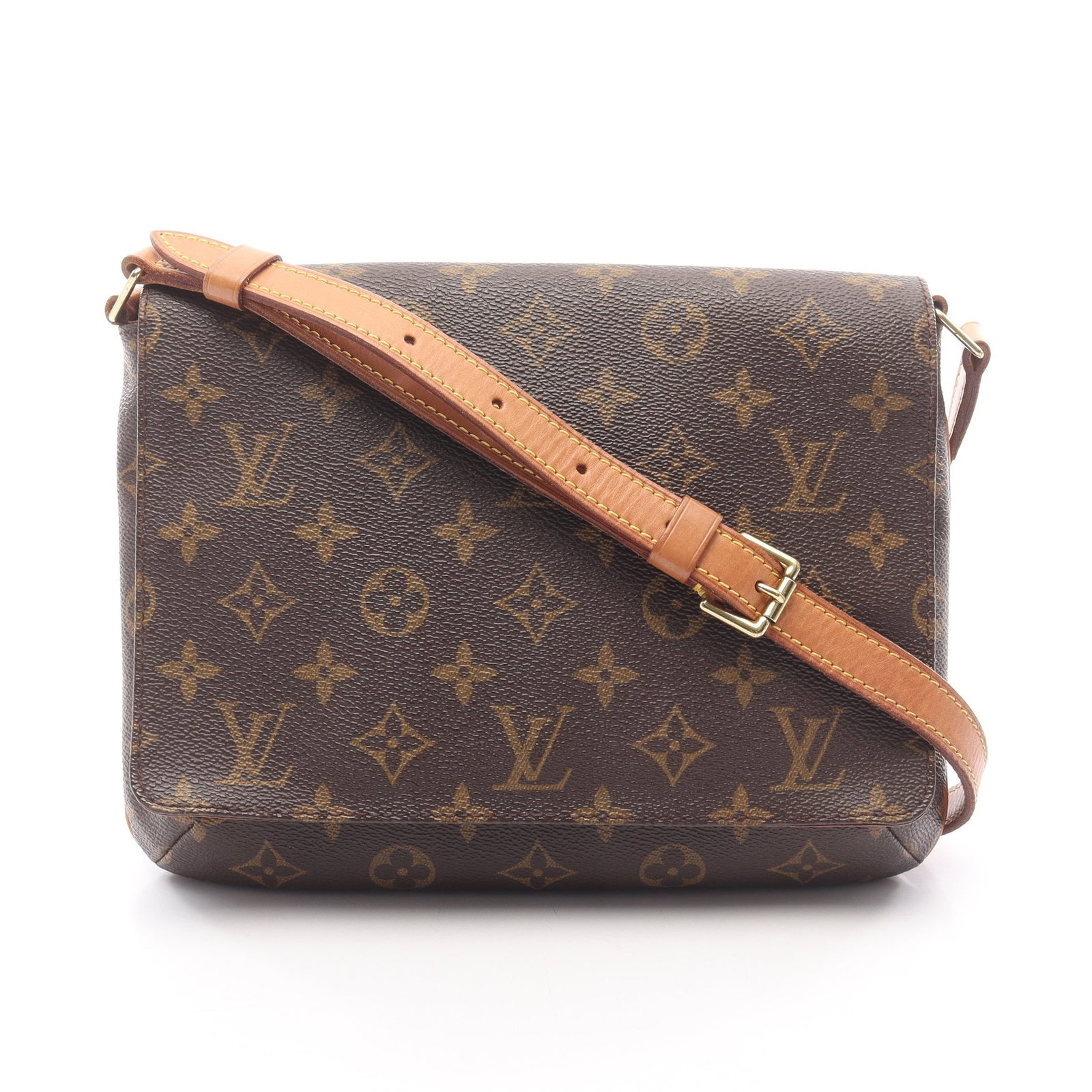 LV Musette Tango Monogram Bag: Authentic and authenticated Louis Vuitton Musette Tango short strap Monogram shoulder bag in brown PVC and leather. Model M51257, product no. SP0968. Approx. 20H x 24/25W x 6D cm with 64-76 cm strap.