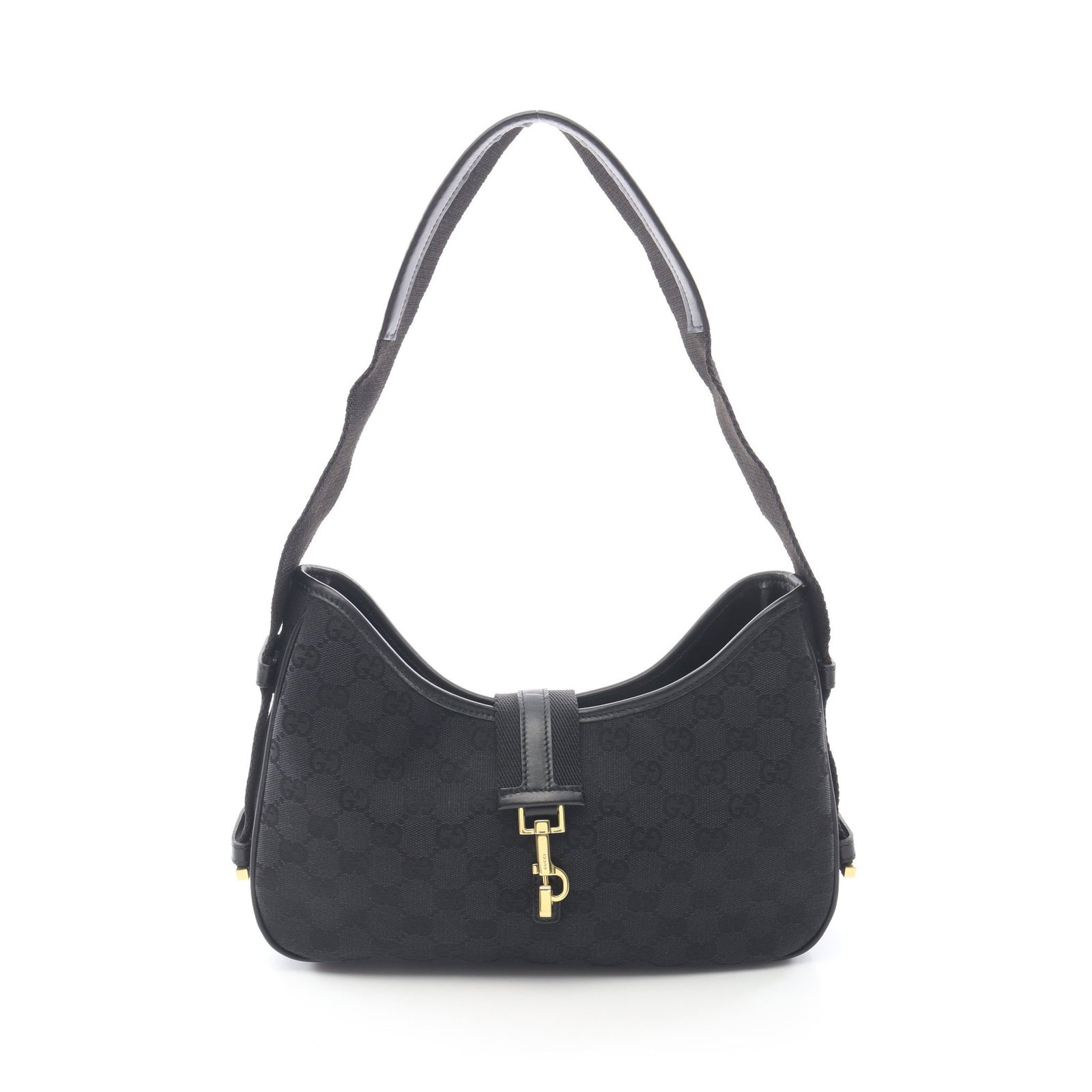 Gucci GG Canvas One Shoulder Black: Authentic and authenticated Gucci GG canvas one shoulder bag in black canvas and leather. Model 92736. Approx. 15H x 26/28W x 6D cm with 59 cm strap. No accessories listed.