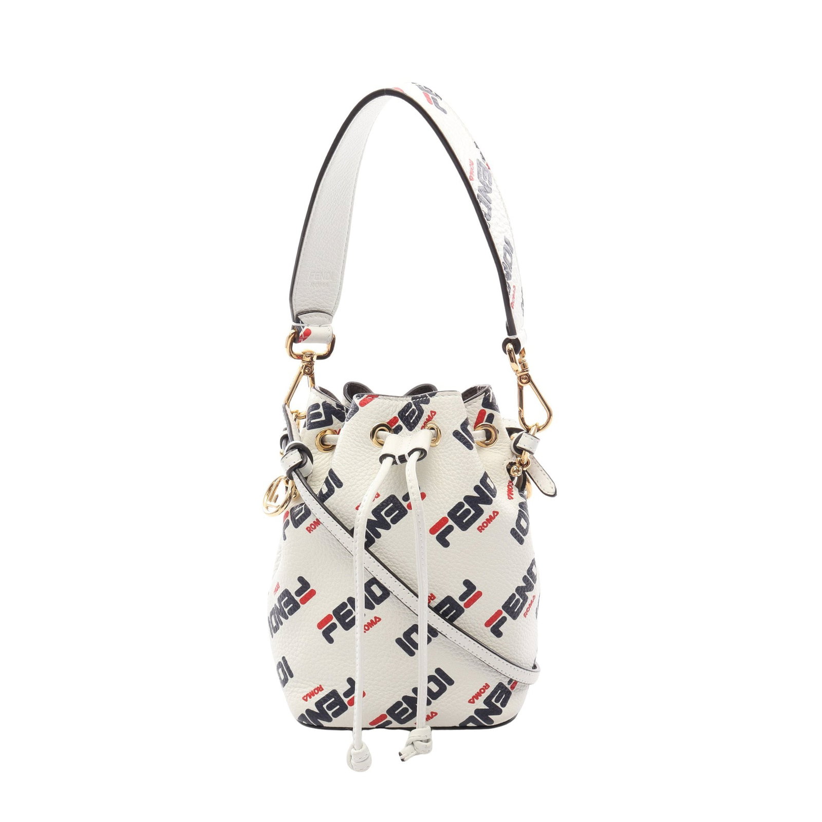 Fendi x FILA Mini Montresor: Authentic and authenticated Fendi x FILA Mini Montresor 2WAY handbag in off white/navy/red leather. Model 8BS010. Approx. 18H x 12W x 10D cm with 39 cm handle and 129-132 cm strap.
