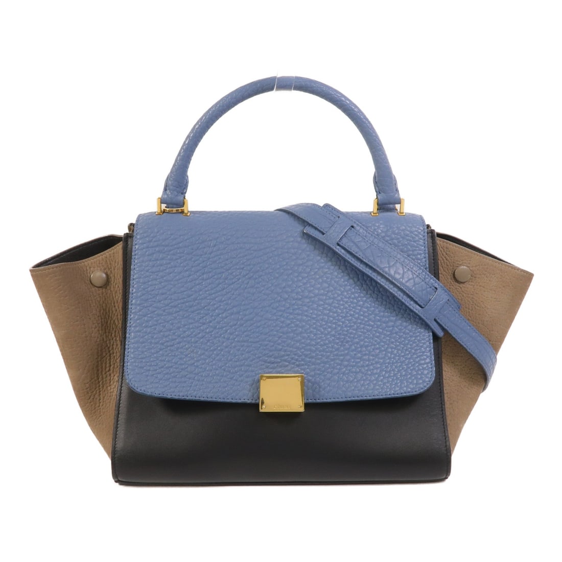 Celine Trapeze 2WAY Shoulder Bag: Authentic and authenticated Celine Trapeze 2 Way shoulder bag in blue/brown/black calfskin. Product no. F-CU-2158. Approx. 26.5W x 21H x 14D cm with 32 cm handle and 79 cm strap.