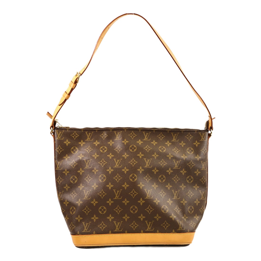 LV Amfar Three Monogram Shoulder Bag: Authentic and authenticated Louis Vuitton Amfar Three shoulder bag in brown monogram PVC coated canvas. Product no. SL0070. Approx. 30W x 30H x 18D cm with 59-77 cm strap. Includes storage bags.