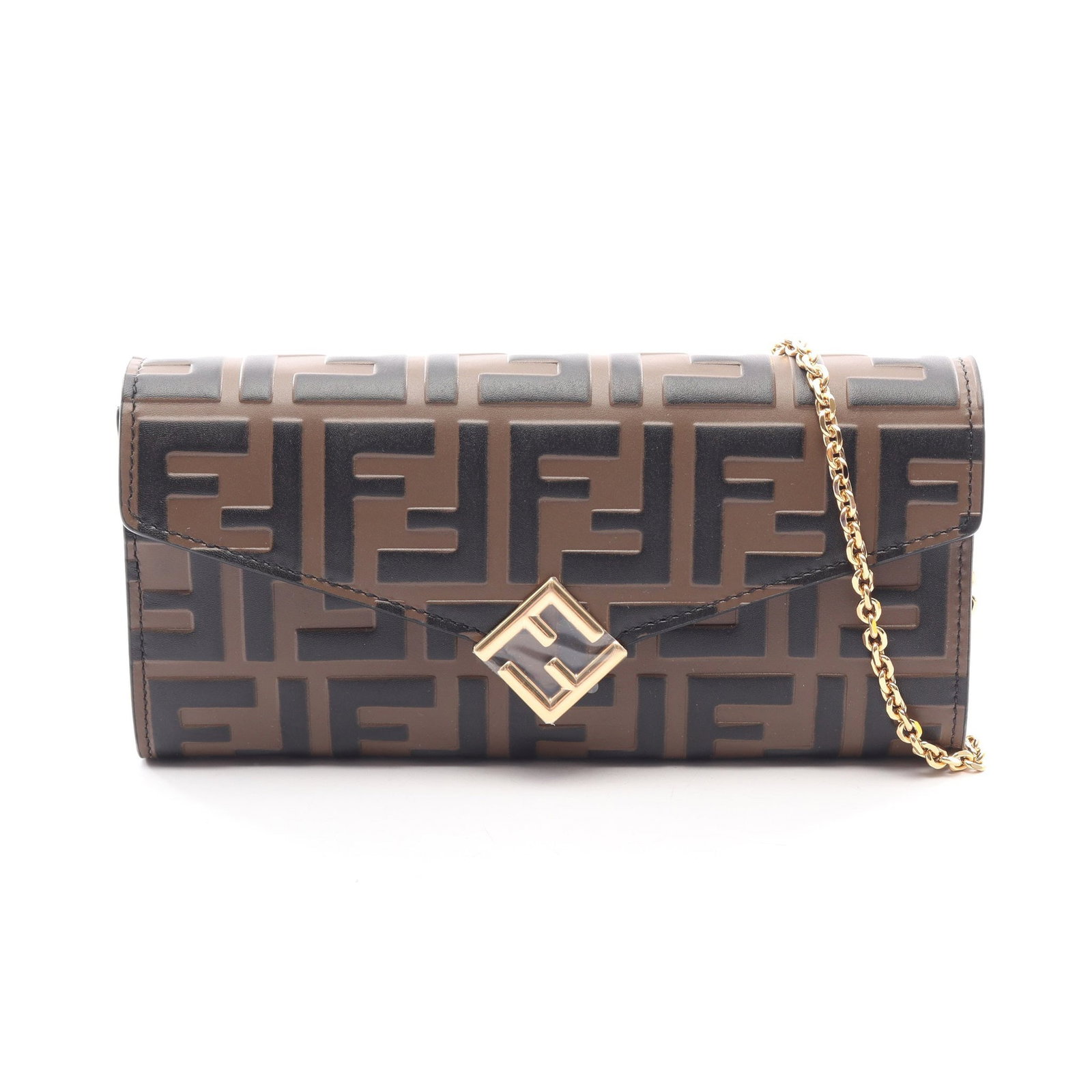 Fendi FF Diamond Chain Wallet: Authentic and authenticated Fendi FF Diamond chain wallet in brown/black leather. Model 8M0365ADYMF13VK. Approx. 9.5H x 19W x 2D cm with 115 cm strap. Includes box and storage bags.