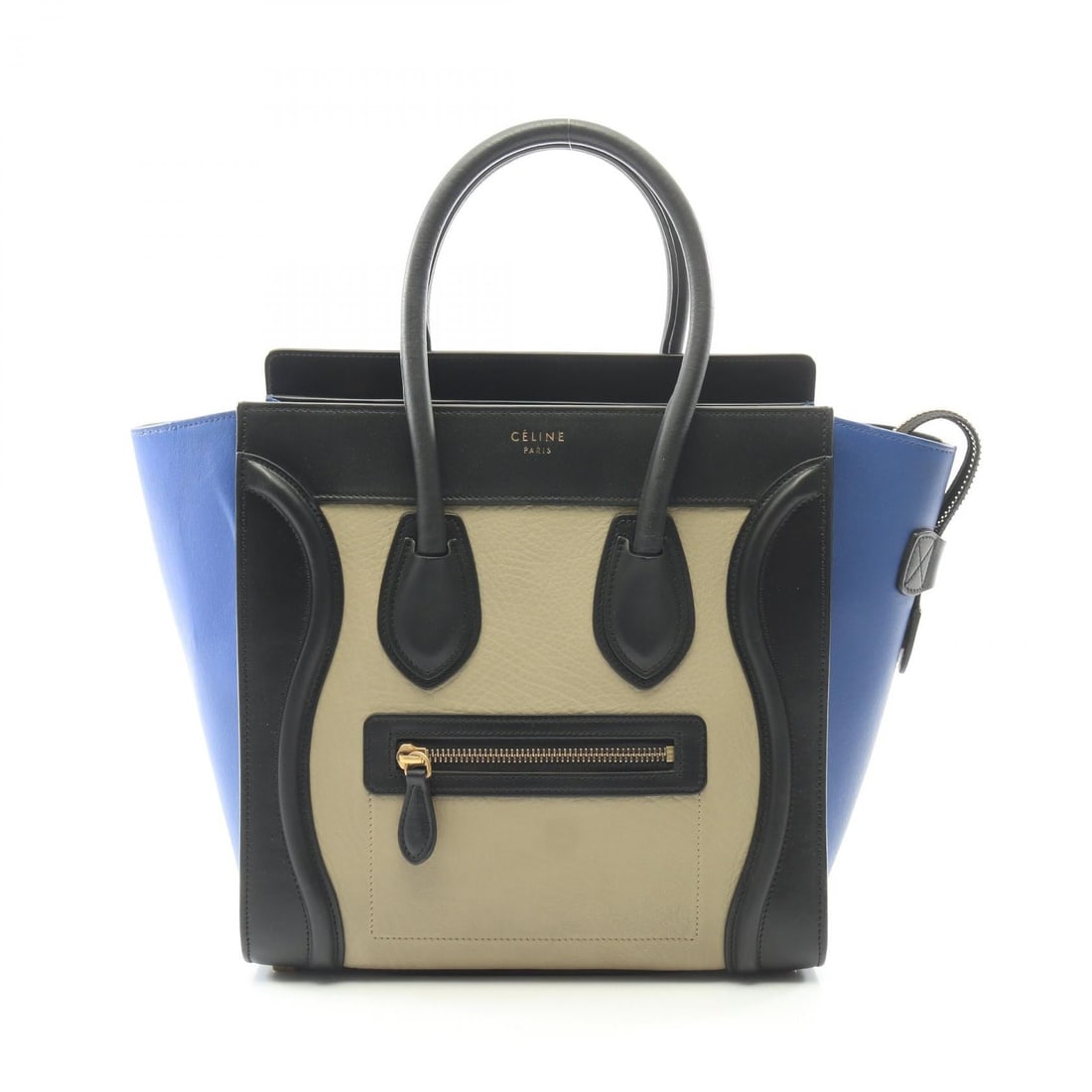 Celine Luggage Micro Shopper Tote: Authentic and authenticated Celine Luggage Micro Shopper tote handbag in beige/black/blue leather. Model 167793. Approx. 26H x 40/26W x 13D cm with 45 cm handle.