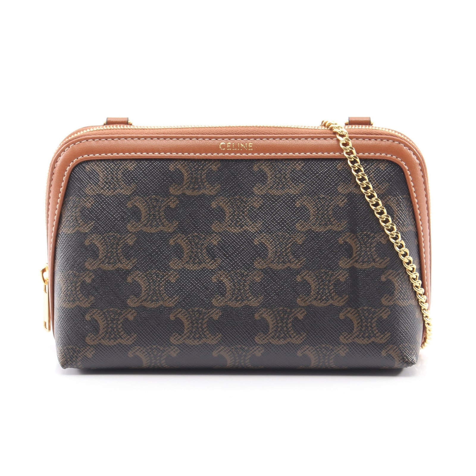 Celine Triomphe Chain Clutch: Authentic and authenticated Celine chain clutch Triomphe shoulder bag in black/brown PVC and leather. Model 10E382CBX04LU. Approx. 11H x 16W x 7.5D cm with 111 cm strap.