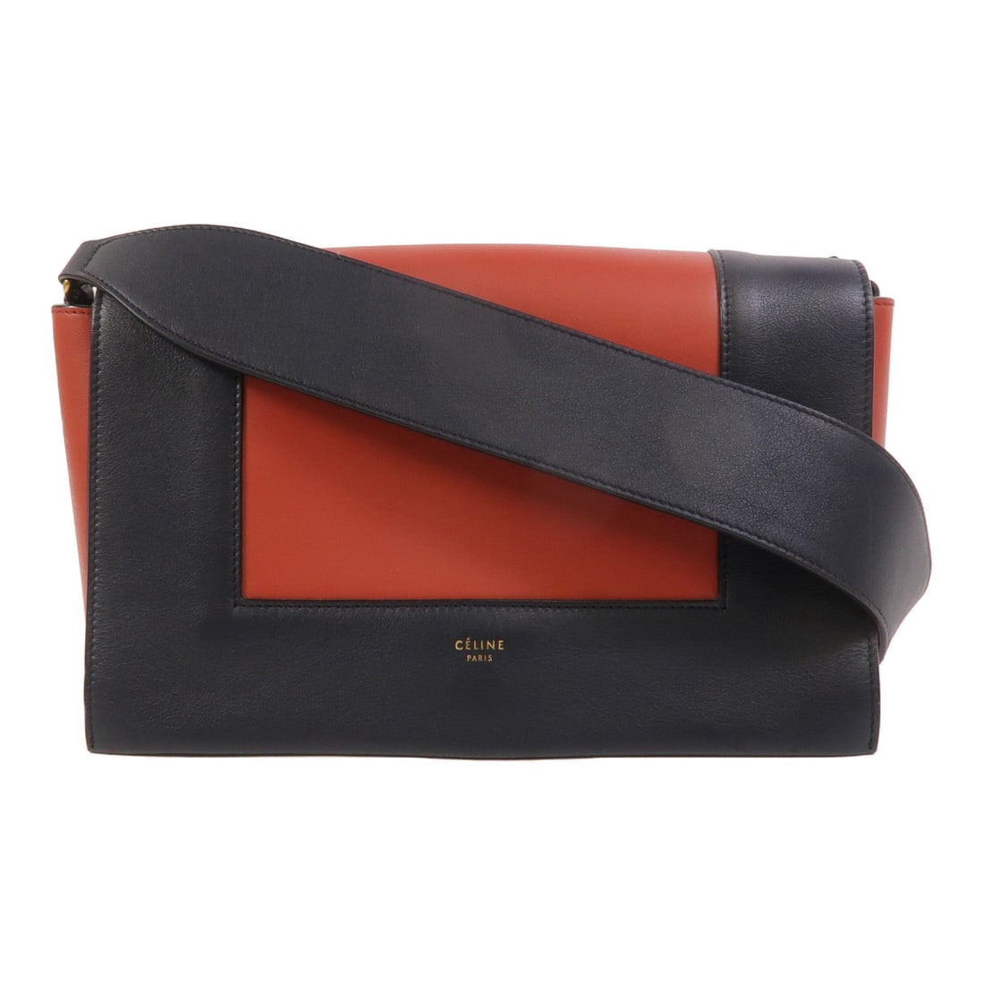 Celine Frame Medium Shoulder Bag: Authentic and authenticated Celine Frame Medium shoulder bag in red and navy calfskin. Product no. S-CU-4158. Approx. 24.5W x 16.5H x 8D cm with 85 cm strap. No accessories listed.