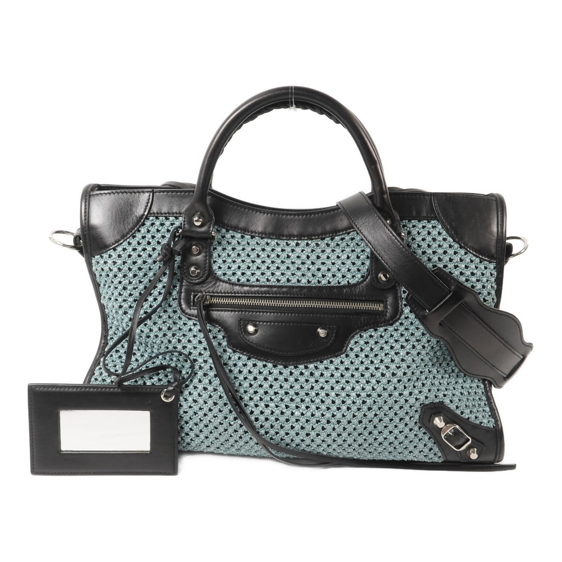 Balenciaga Neo Classic City Bag: Authentic and authenticated Balenciaga Neo Classic City shoulder bag in black and blue calfskin with raffia. Product no. 4160.H535269. Approx. 39W x 25H x 13D cm with 34 cm handle and 58 cm strap.
