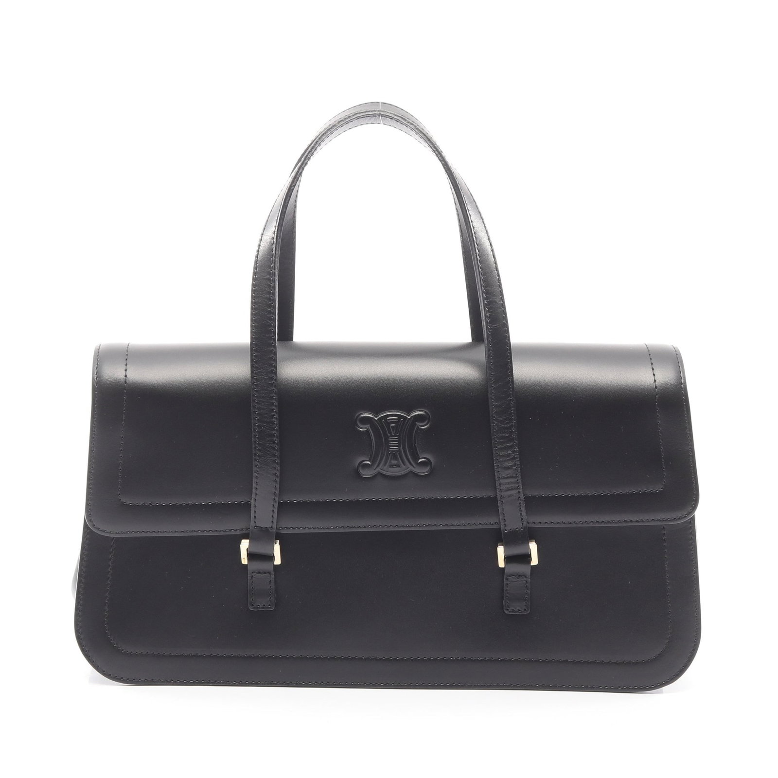 Celine Triomphe Leather Handbag: Authentic and authenticated Celine Triomphe handbag in black leather. Approx. 16H x 27.5/29W x 8.5D cm with 47 cm handle. No accessories listed.