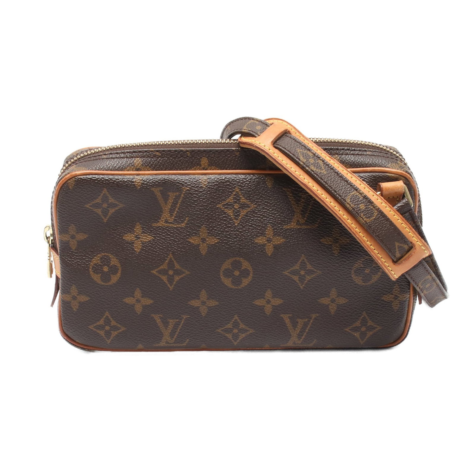 LV Marly Bandouliere Monogram Bag: Authentic and authenticated Louis Vuitton Marly bandouliere Monogram shoulder bag in brown PVC leather. Model M51828, product no. SL0020. Approx. 12H x 22W x 4D cm with 110-128 cm strap.