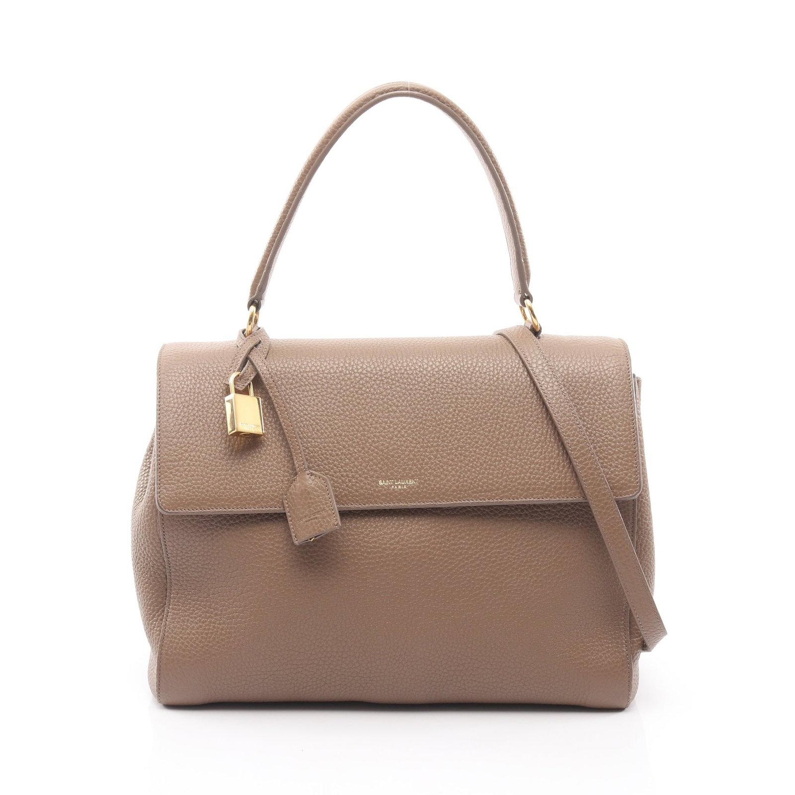 Saint Laurent Gray Beige 2WAY Bag: Authentic and authenticated Saint Laurent Paris 2WAY handbag in gray beige leather. Model 355156. Approx. 22H x 31W x 14D cm with 41 cm handle and 95 cm strap. Includes shoulder strap, padlock, key,