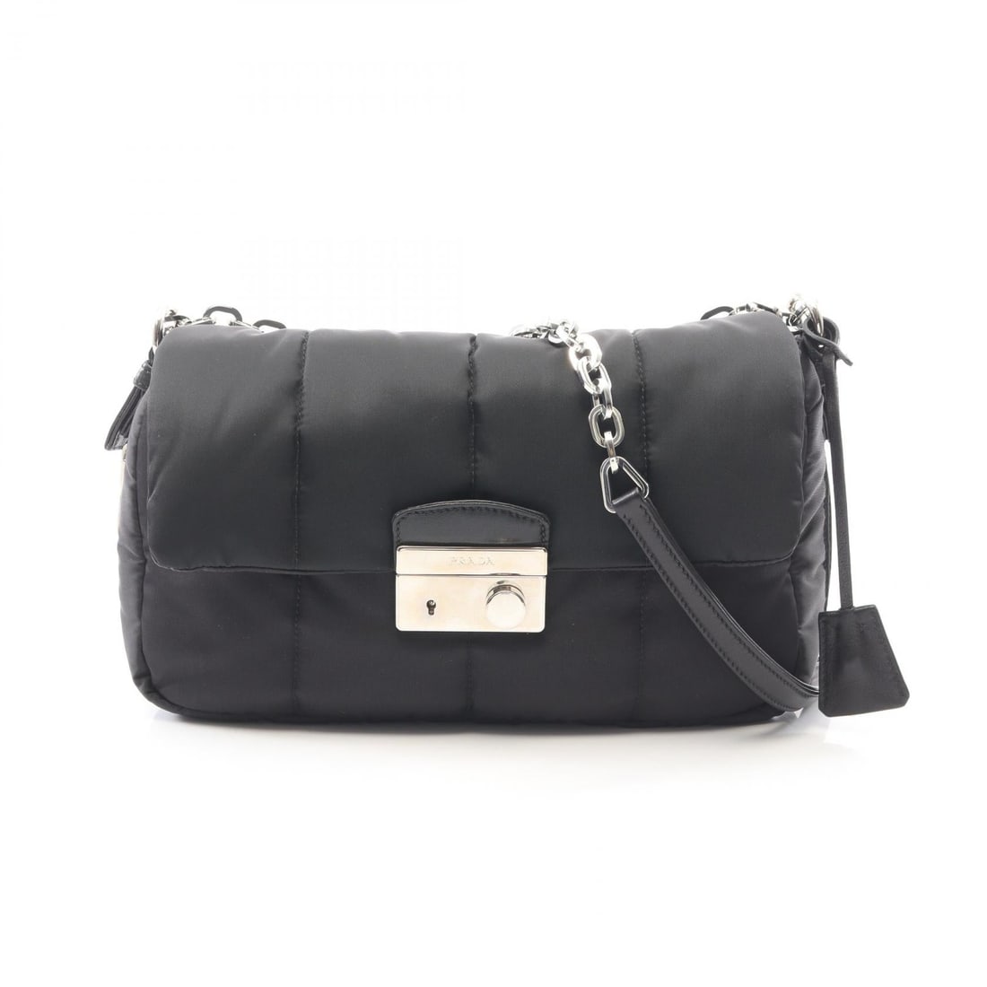 Prada Tessuto Bomber Chain Bag: Authentic and authenticated Prada Tessuto Bomber chain shoulder bag in black nylon leather. Model 1BD036. Approx. 17H x 25/27W x 7D cm. Includes 2 keys, crochet, and guarantee card.
