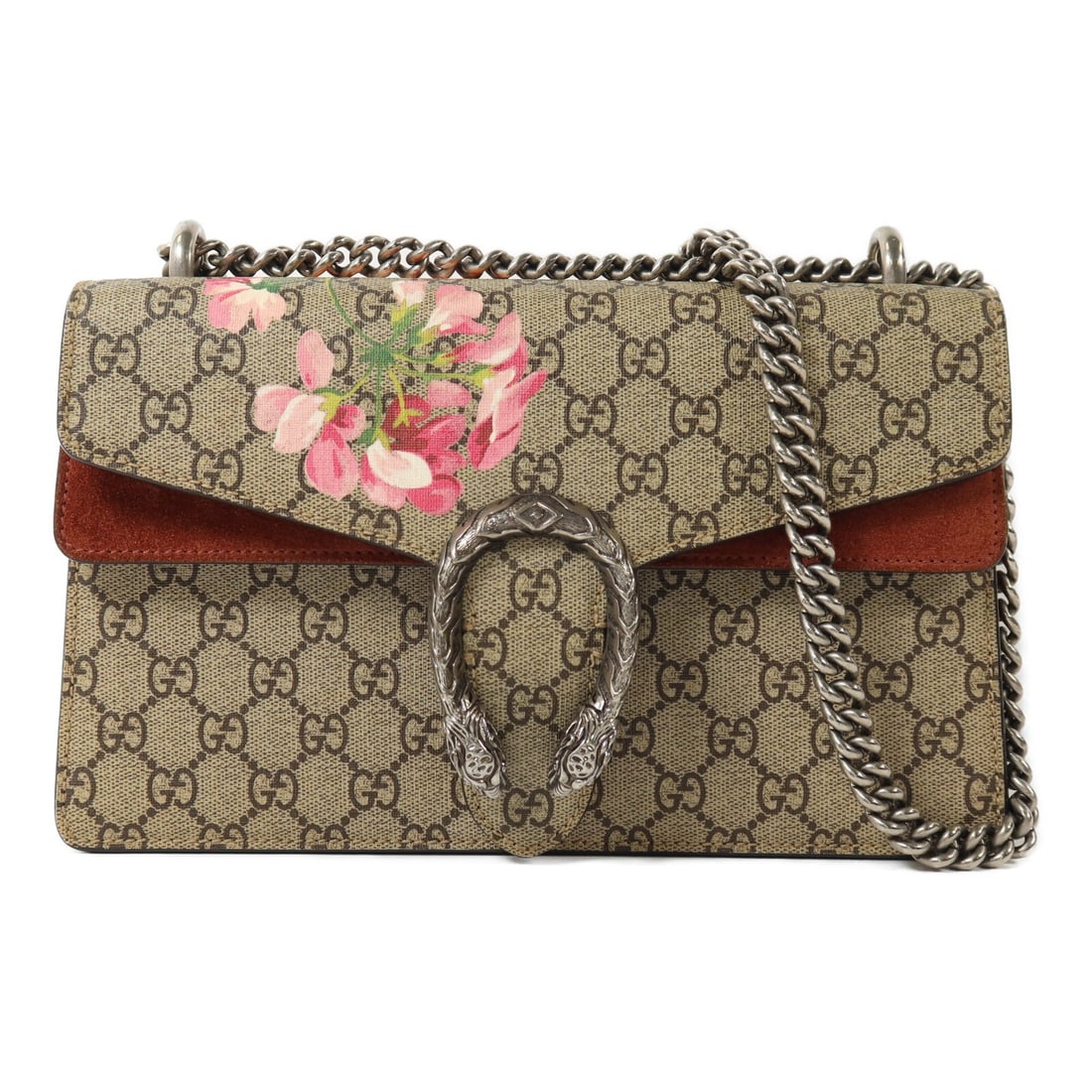 Gucci Dionysus Chain Bag Brown: Authentic and authenticated Gucci Dionysus chain shoulder bag in brown PVC coated canvas and suede. Product no. 520981. Approx. 29.5W x 21.5H x 5D cm with 49.5-74.5 cm strap. Includes storage bags.