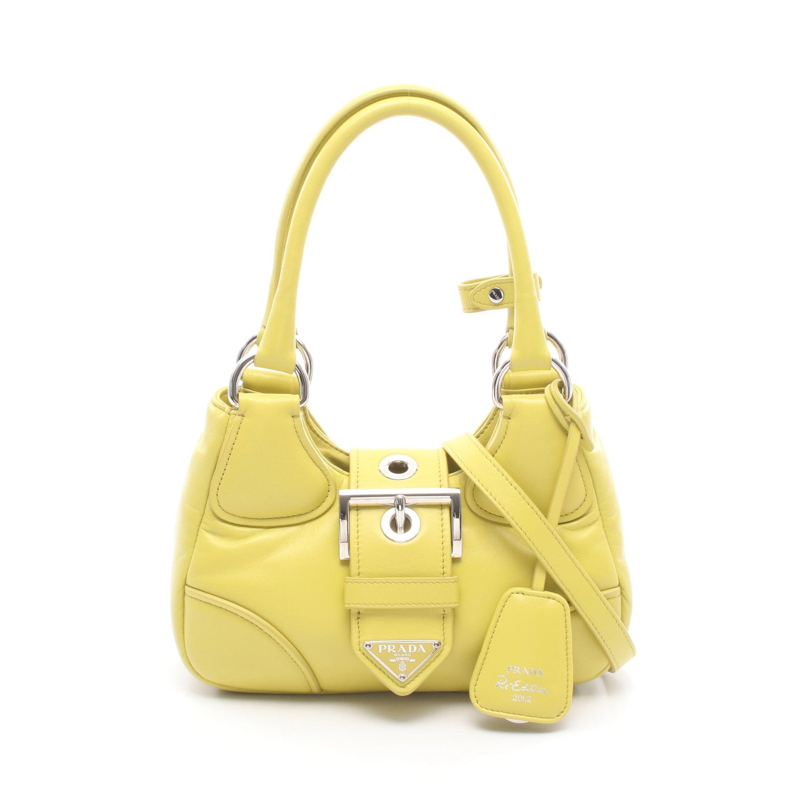 Prada Moon 2WAY Handbag Yellow: Authentic and authenticated Prada Moon 2WAY handbag in yellow leather. Model 1BA381. Approx. 13H x 17.5/22W x 7.5D cm with 34.5 cm handle and 103-113 cm strap. Includes crochet, strap, and poignet.
