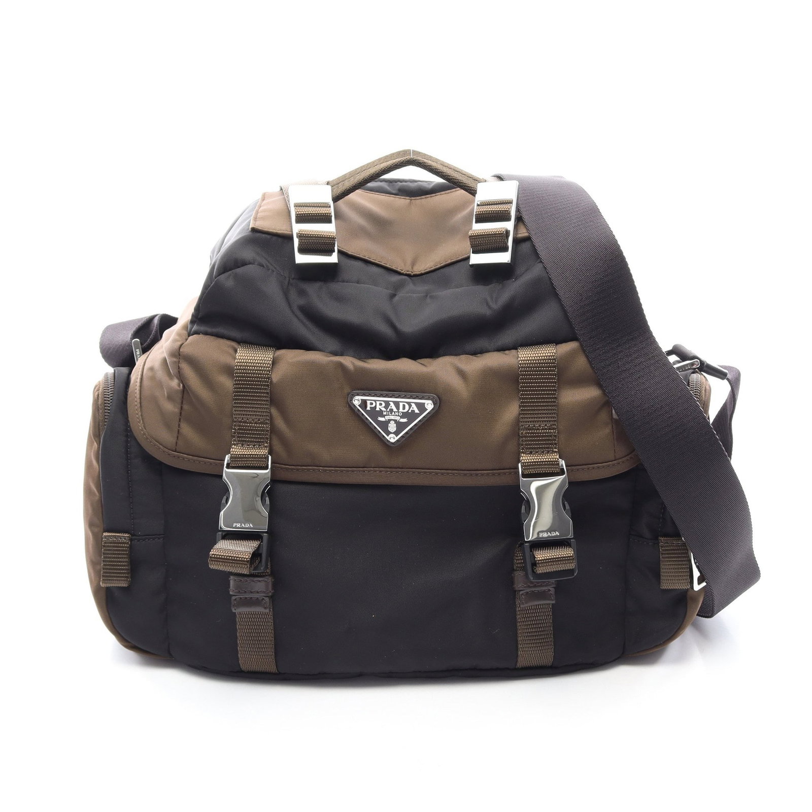 Prada Re-Nylon Shoulder Bag Black: Authentic and authenticated Prada Re-Nylon shoulder bag in black and brown nylon. Model 2VH195. Approx. 25.5H x 23/27W x 15D cm with 9 cm handle and 75-137 cm strap.