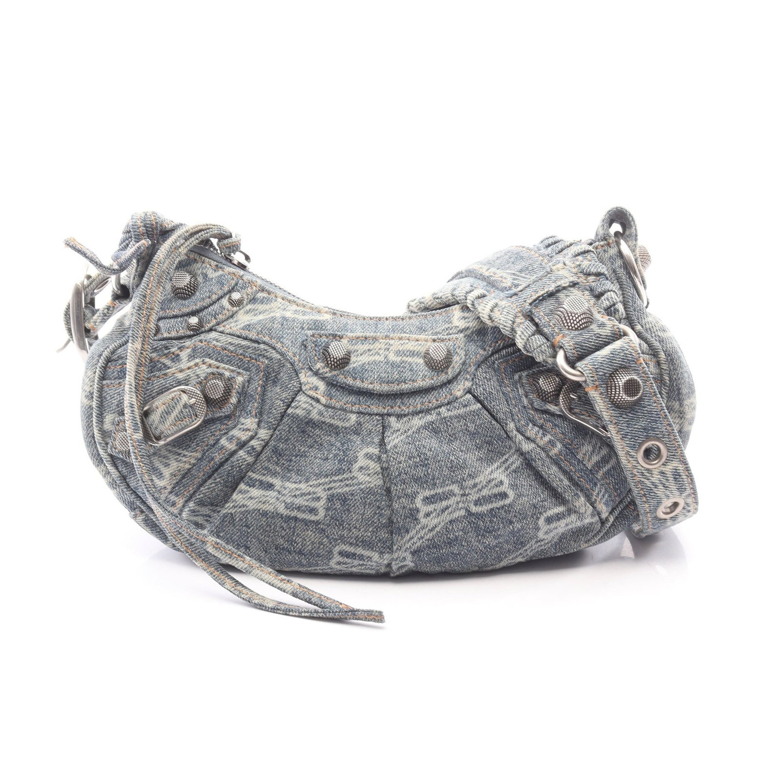 Balenciaga Le Cagole XS Denim: Authentic and authenticated Balenciaga Le Cagole XS shoulder bag in blue denim. Model 671309. Approx. 12H x 18/23W x 4D cm with 31-91 cm strap. Includes mirror.