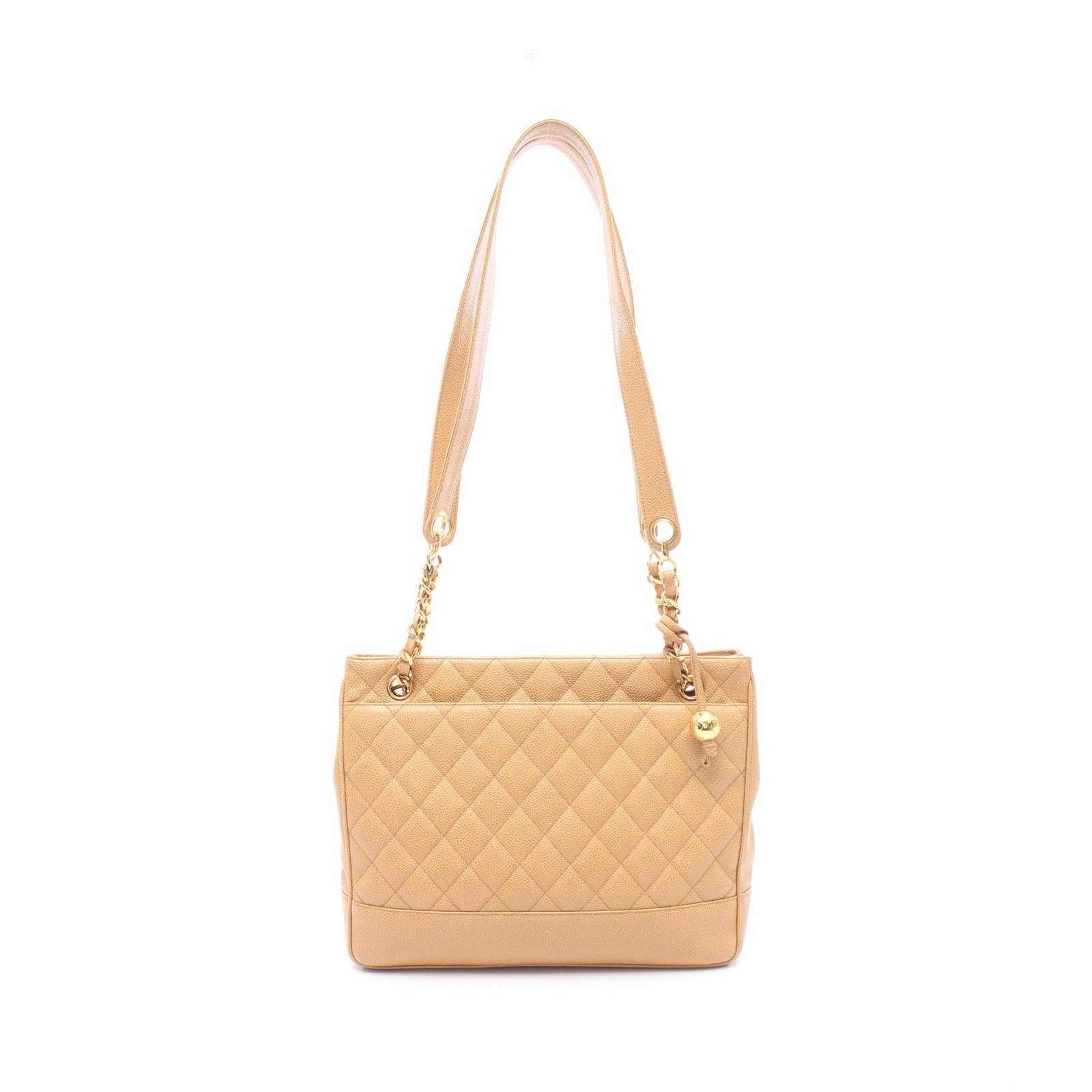 Chanel Coco Ball Shoulder Tote Beige: Authentic and authenticated Chanel Matelasse Coco Ball shoulder tote bag in beige caviar skin with gold hardware. Approx. 25.5H x 31/31.5W x 6D cm with 87 cm strap. Includes guarantee card, serial