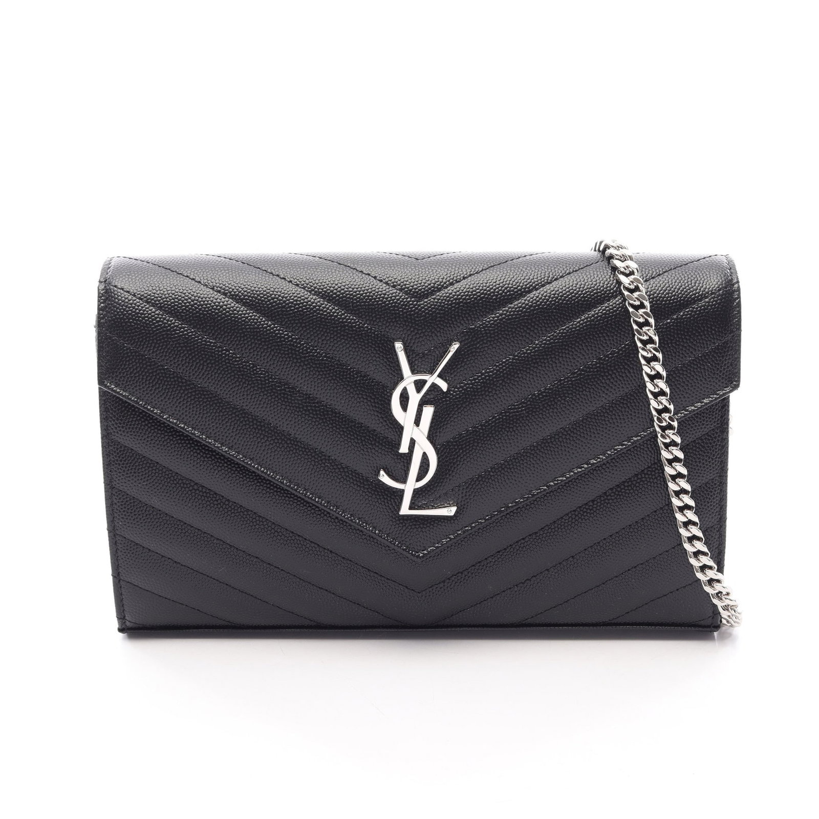 Saint Laurent Cassandra Chain Wallet: Authentic and authenticated Saint Laurent Paris Cassandra Classic chain wallet in black leather. Model 377828BOW021000. Approx. 14H x 22W x 4D cm with 105 cm strap. Includes box and storage bags.