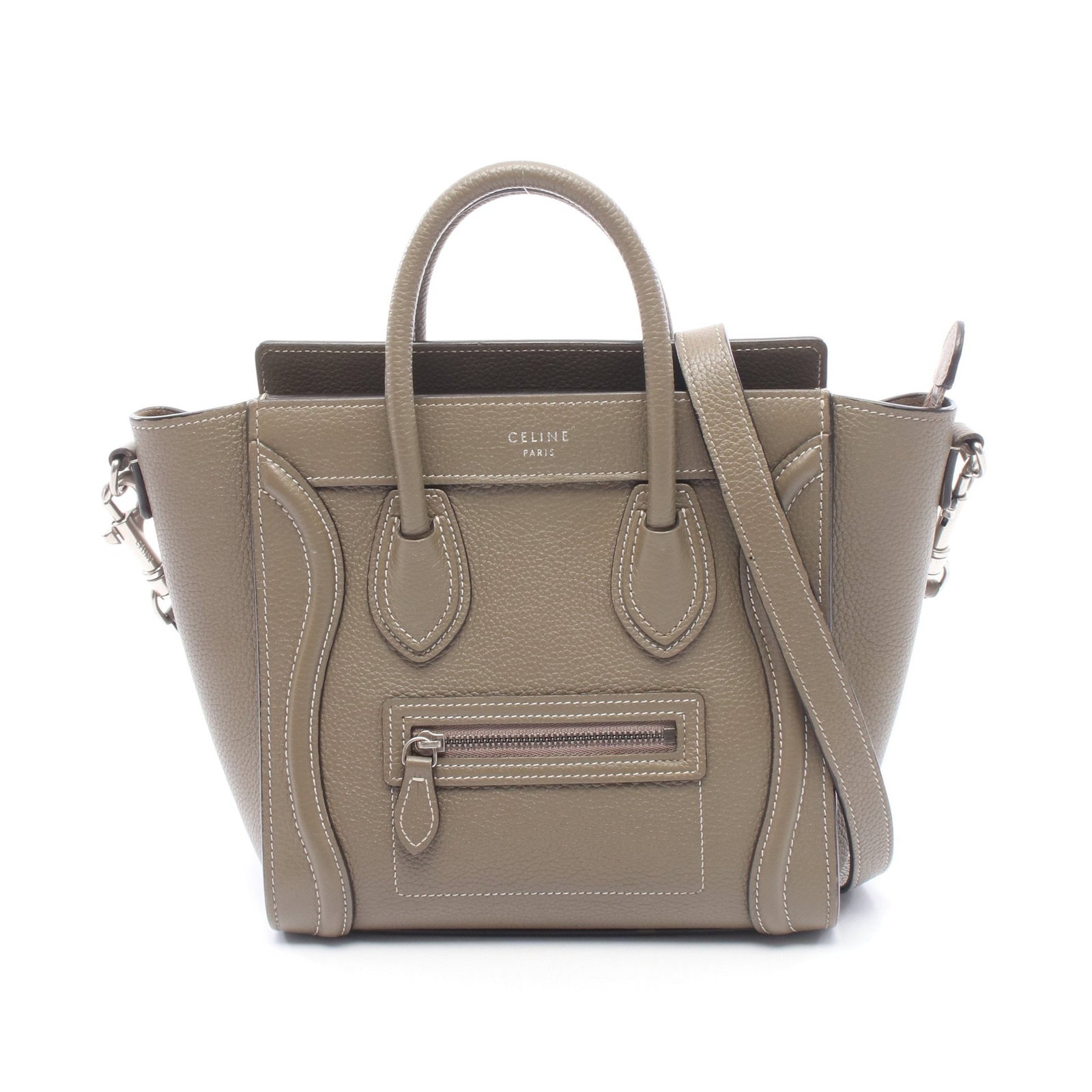 Celine Luggage Nano Shopper Gray Brown: Authentic and authenticated Celine Luggage Nano Shopper 2WAY handbag in gray brown leather. Model 168243. Approx. 20H x 27/20W x 9D cm with 30 cm handle and 119 cm strap.