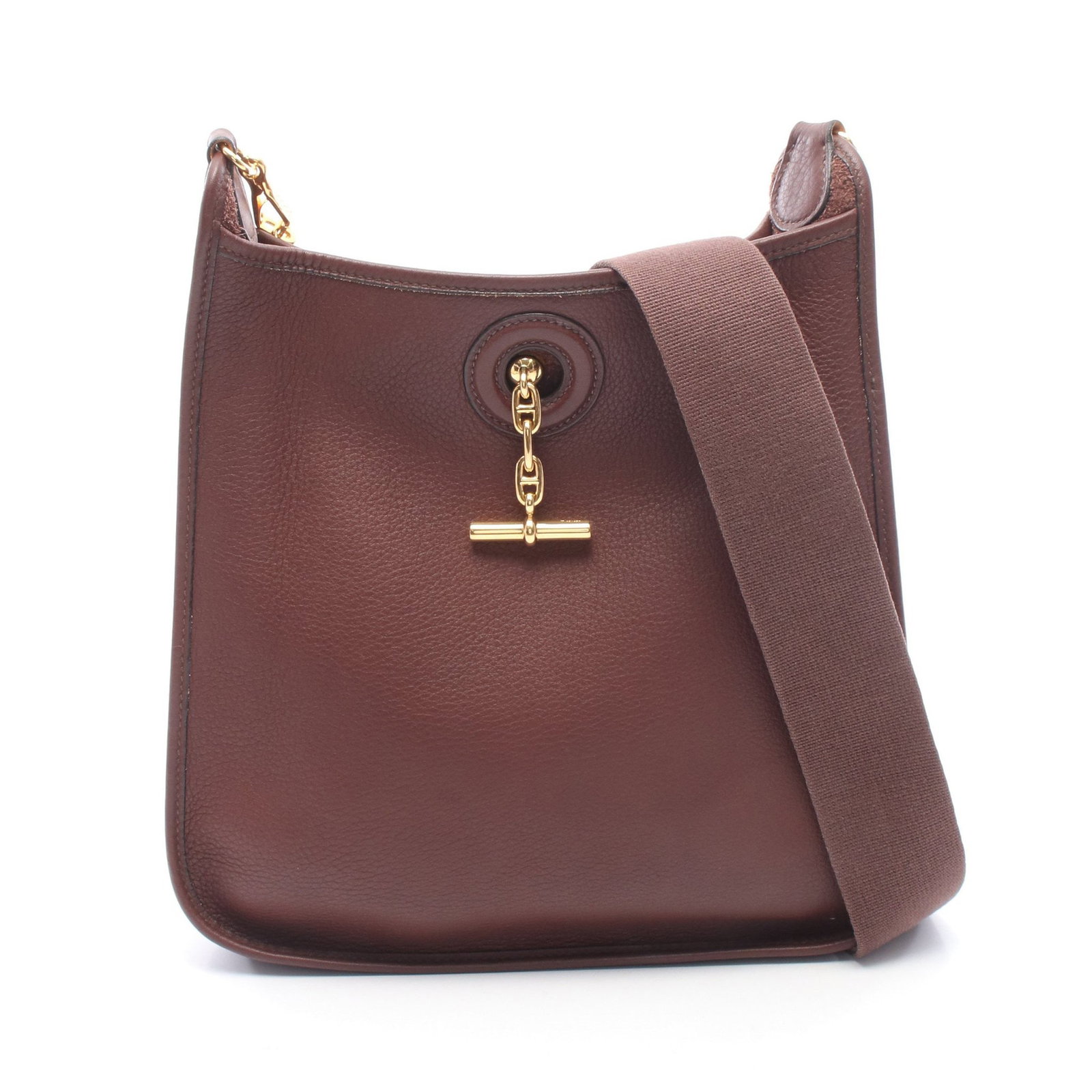 Hermes Vespa PM Noisette Shoulder Bag: Authentic and authenticated Hermes Vespa PM Noisette shoulder bag in dark brown Togo with gold hardware. Model 030237CC. Approx. 28H x 25/28.5W x 7D cm with 90 cm strap. ?A stamp.