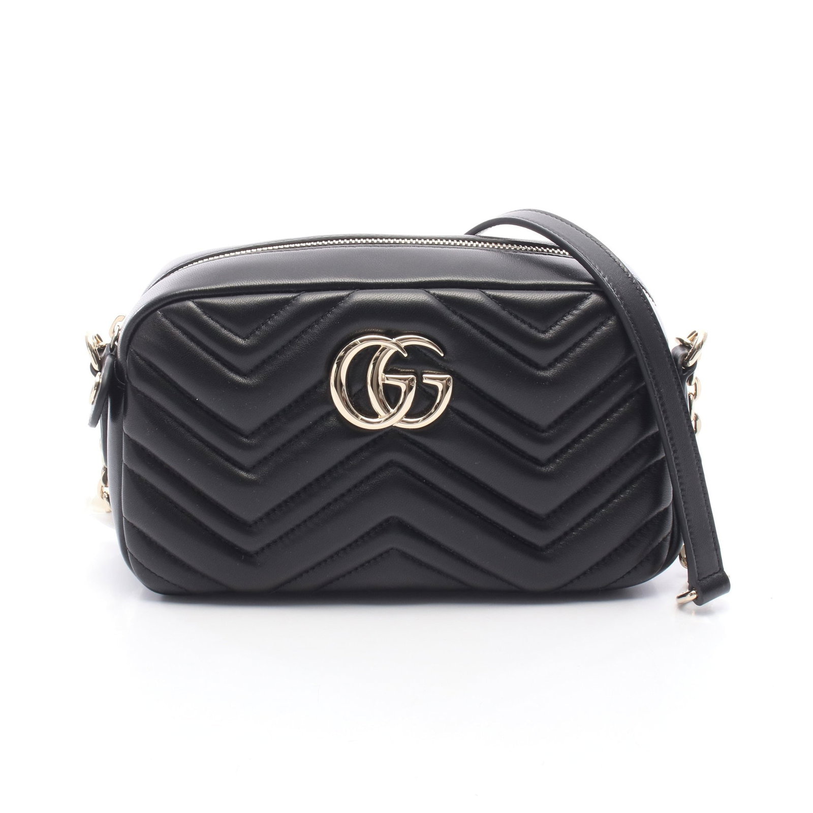Gucci GG Marmont Small Camera Bag: Authentic and authenticated Gucci GG Marmont Small Camera chain shoulder bag in black leather. Model 855273AAFXD1000. Approx. 13.5H x 21/23W x 7D cm with 128.5-136 cm strap. Includes storage bags.