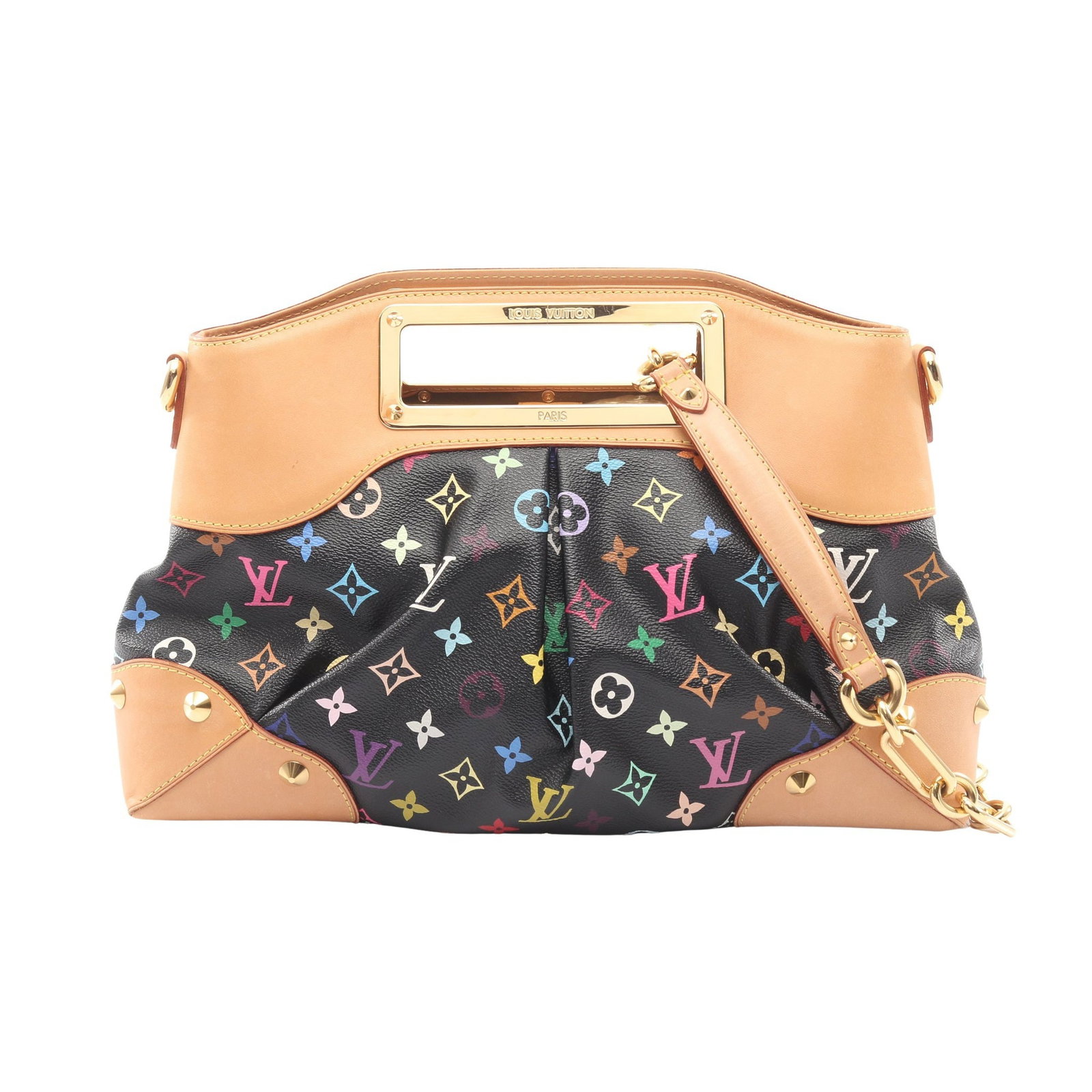 LV Judy MM Multicolor Noir 2WAY: Authentic and authenticated Louis Vuitton Judy MM Monogram Multicolor Noir 2WAY handbag in black PVC leather. Model M40256, product no. SR0120. Approx. 20H x 32/36.5W x 8.5D cm with strap and handle.