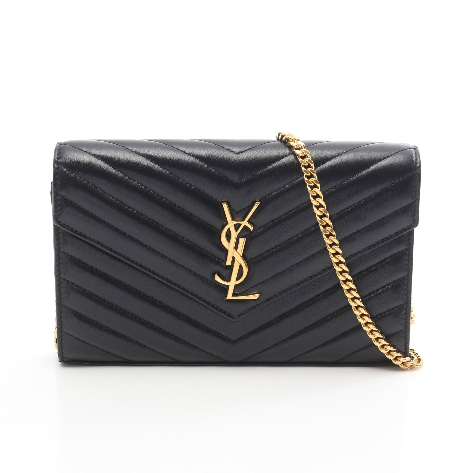 Saint Laurent Cassandra Chain Wallet: Authentic and authenticated Saint Laurent Paris Cassandra Classic chain wallet in black leather. Model 377828AAA441000. Approx. 14H x 22W x 4D cm with 105 cm strap. Includes box and storage bags.
