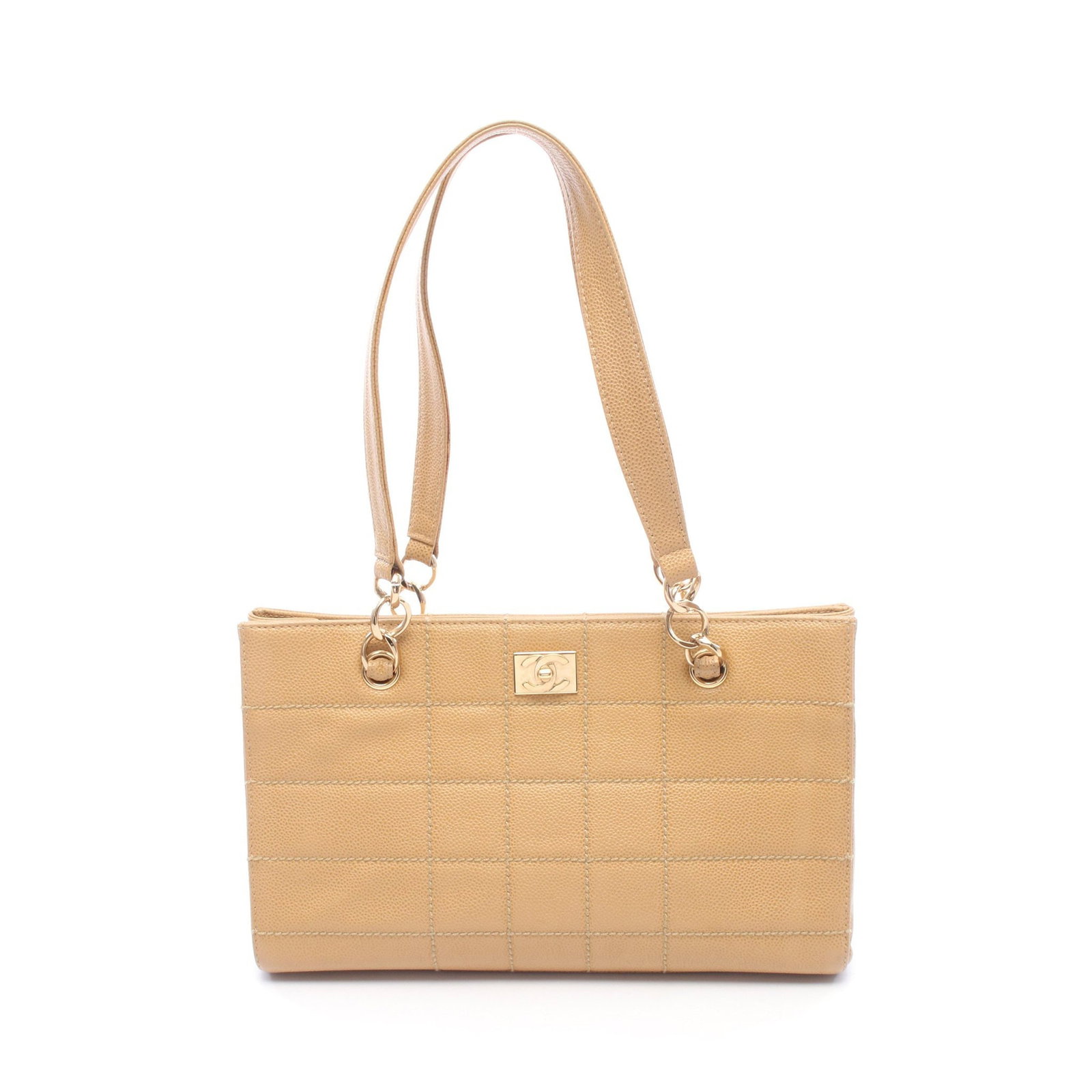 Chanel Chocolate Bar Chain Tote: Authentic and authenticated Chanel Chocolate Bar chain shoulder tote bag in beige caviar skin with gold hardware. Approx. 20H x 33/32.5W x 10D cm with 60 cm strap. Includes guarantee card and serial