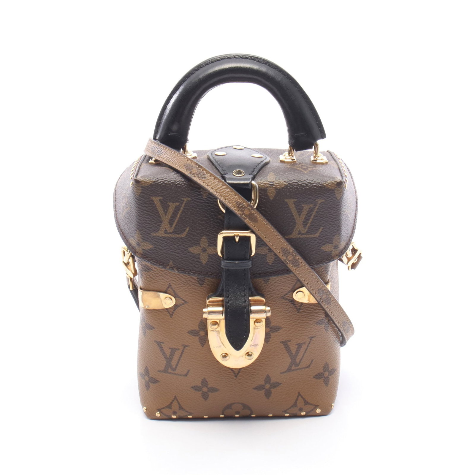 LV Camera Box Reverse 2WAY Bag: Authentic and authenticated Louis Vuitton Camera Box Monogram Reverse 2WAY handbag in brown, dark brown, and black PVC leather. Model M42999, product no. PL4126. Approx. 15.5H x 12/11.5W x 8.5D cm.