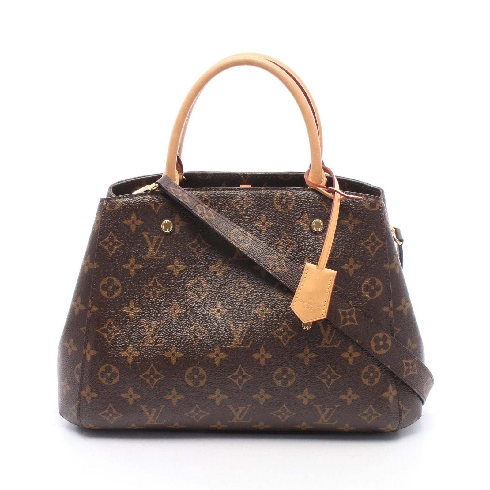 LV Montaigne MM Monogram 2WAY: Authentic and authenticated Louis Vuitton Montaigne MM Monogram 2WAY handbag in brown PVC leather. Model M41056, product no. UB2199. Approx. 23H x 25/35W x 14D cm. Includes strap, padlock, 2 keys, and
