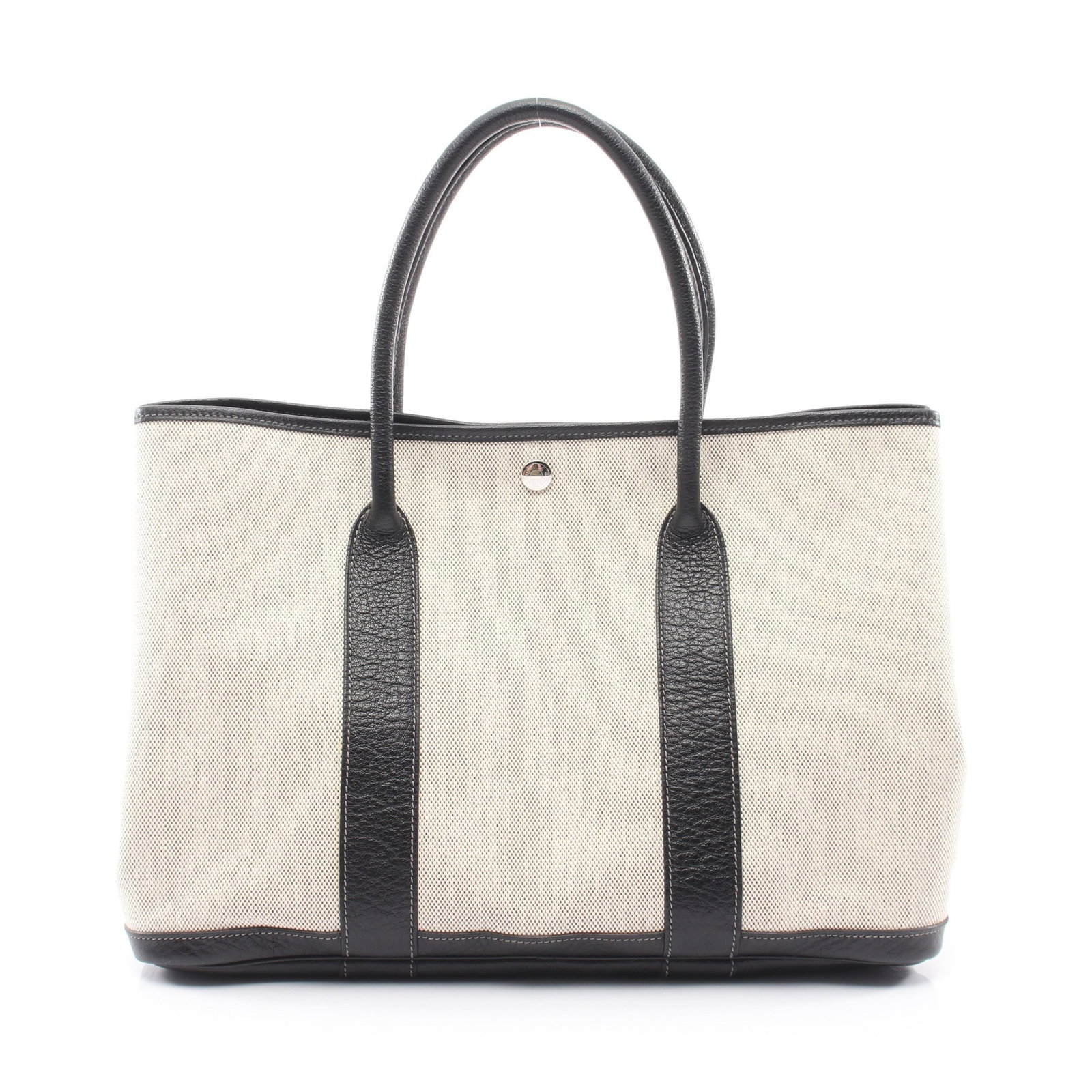 Hermes Garden Party PM Ecru Black: Authentic and authenticated Hermes Garden Party PM Ecru tote handbag in ivory and black Toile H canvas Buffalo with silver hardware. Approx. 25H x 36W x 17D cm with 44 cm handle. ?J stamp.