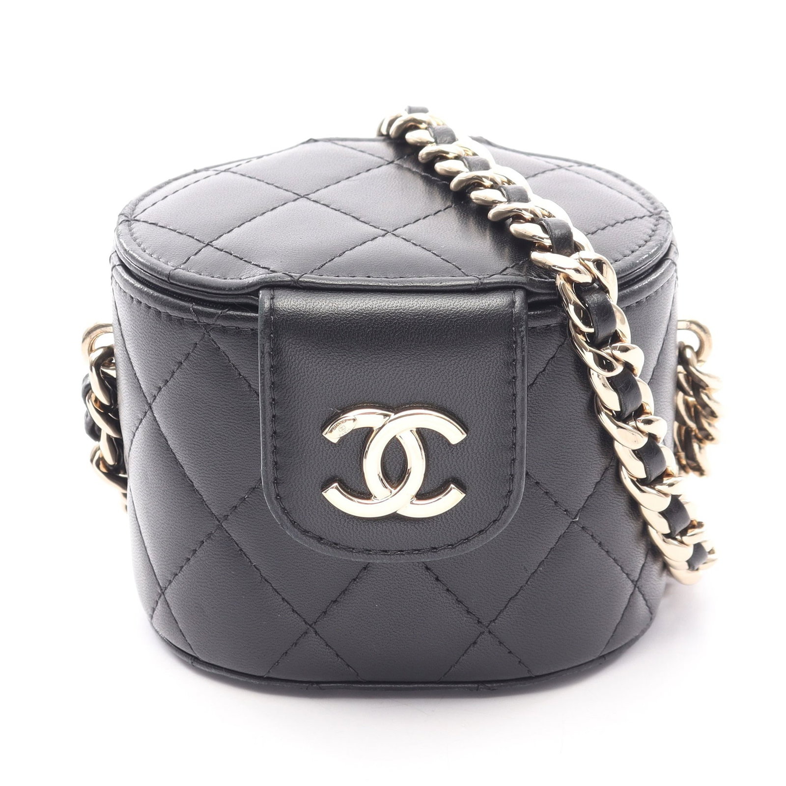 Chanel Mini Vanity Chain Bag Black: Authentic and authenticated Chanel Matelasse Mini Vanity chain shoulder bag in black lambskin with gold hardware. Approx. 8H x 10W x 7D cm with 117 cm strap. Includes serial seal.