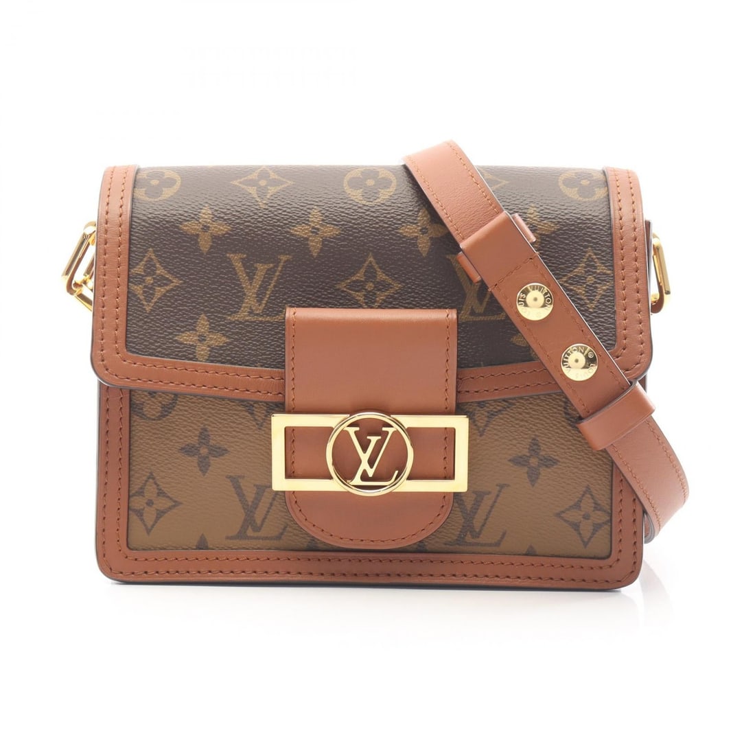 LV Dauphine MINI Reverse Bag: Authentic and authenticated Louis Vuitton Dauphine MINI Monogram Reverse shoulder bag in brown and beige PVC leather. Model M44580, product no. FL4220. Approx. 15.5H x 20W x 5/5D cm with 67-111 cm str
