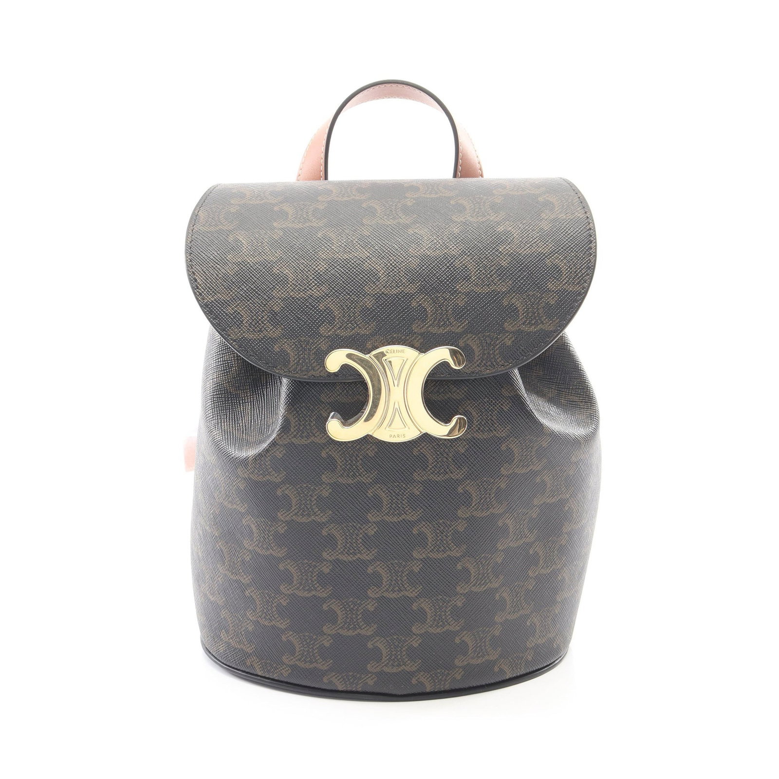 Celine Bonnie Triomphe Backpack: Authentic and authenticated Celine Bonnie Triomphe backpack in black and brown PVC leather. Model 118702CAS04LU. Approx. 23H x 17/18W x 13.5D cm with 73-93 cm straps. Includes storage bags.