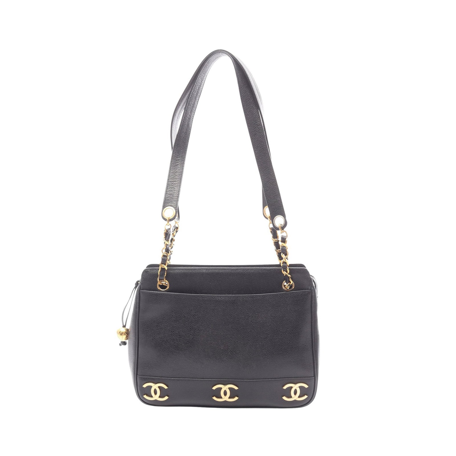 Chanel Triple Coco Chain Tote Black: Authentic and authenticated Chanel Triple Coco Mark chain shoulder tote bag in black caviar skin with gold hardware. Approx. 25H x 29/31W x 8D cm with 86 cm strap. Includes guarantee card and serial