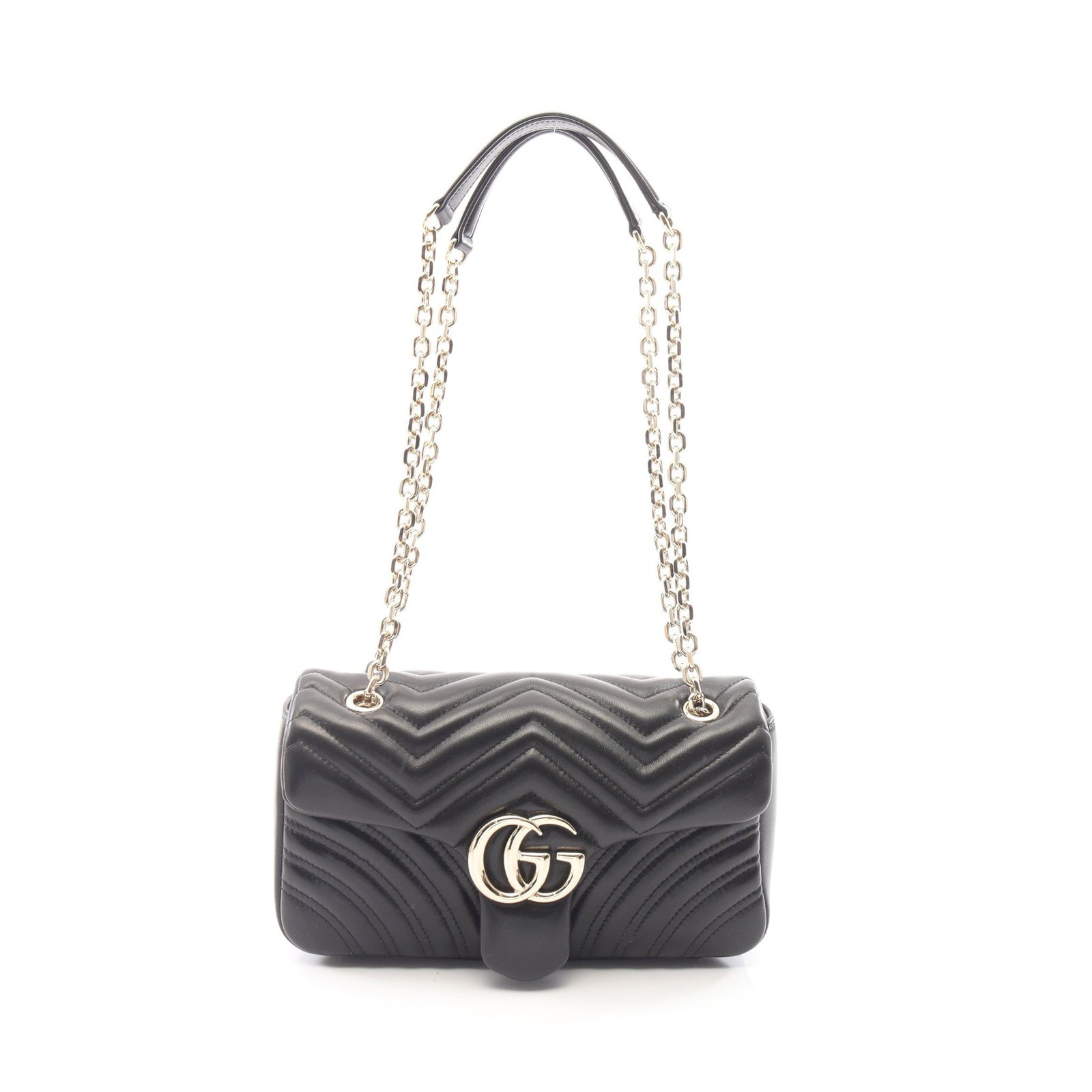 Gucci GG Marmont Medium Chain Black: Authentic and authenticated Gucci GG Marmont Medium chain shoulder bag in black leather. Model 837267AAE381000. Approx. 14H x 25W x 7D cm with double or single chain wear. Includes storage bags.