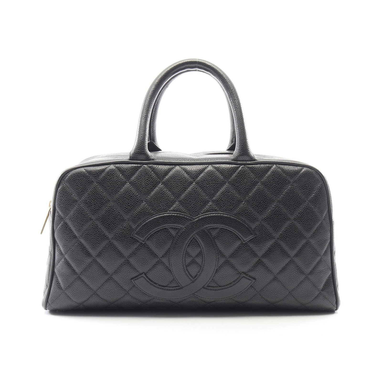 Chanel Mini Boston Caviar Black: Authentic and authenticated Chanel Matelasse mini Boston handbag in black caviar skin with gold hardware. Model A20997. Approx. 20H x 31.5/37.5W x 11.5D cm with 33 cm handle. Includes guarantee card