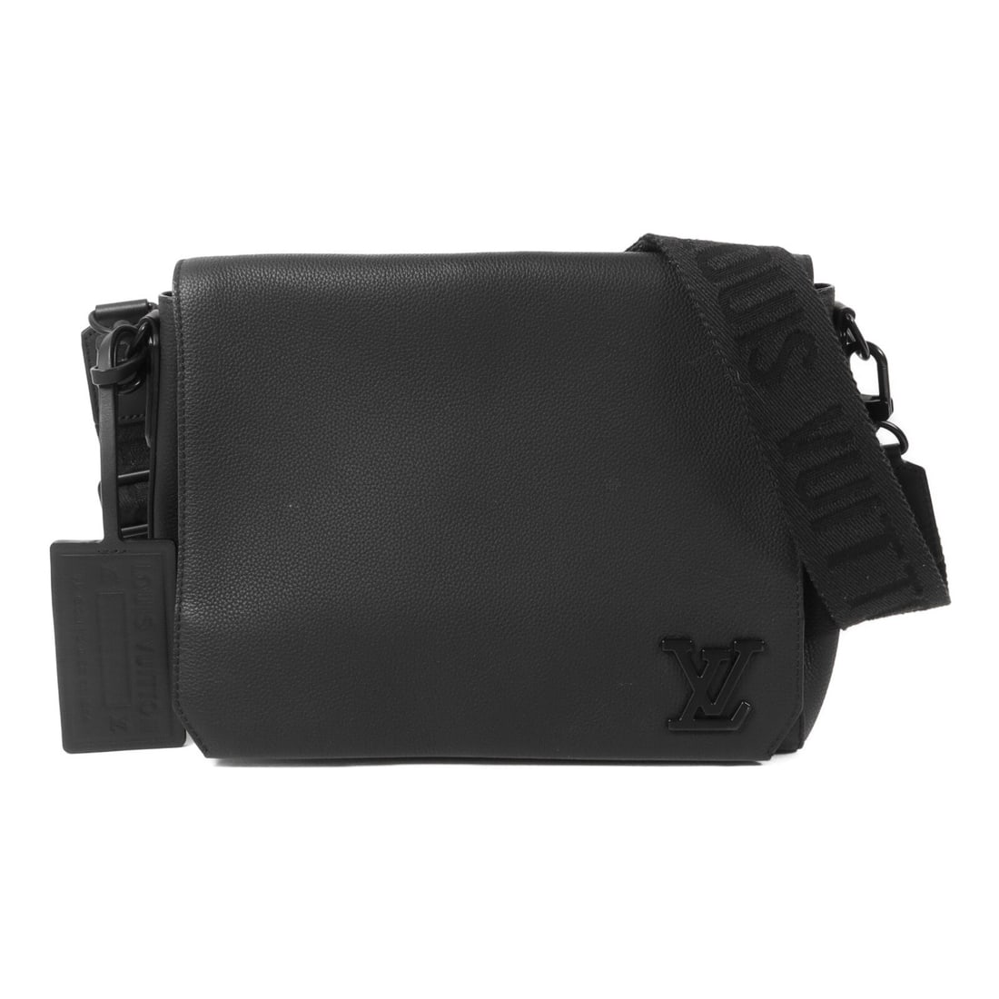 LV Takeoff Messenger Black: Authentic and authenticated Louis Vuitton Takeoff shoulder messenger bag in black calfskin with RFID. Approx. 28W x 24H x 10D cm with 100-143 cm strap. Includes shoulder strap and brand tag.