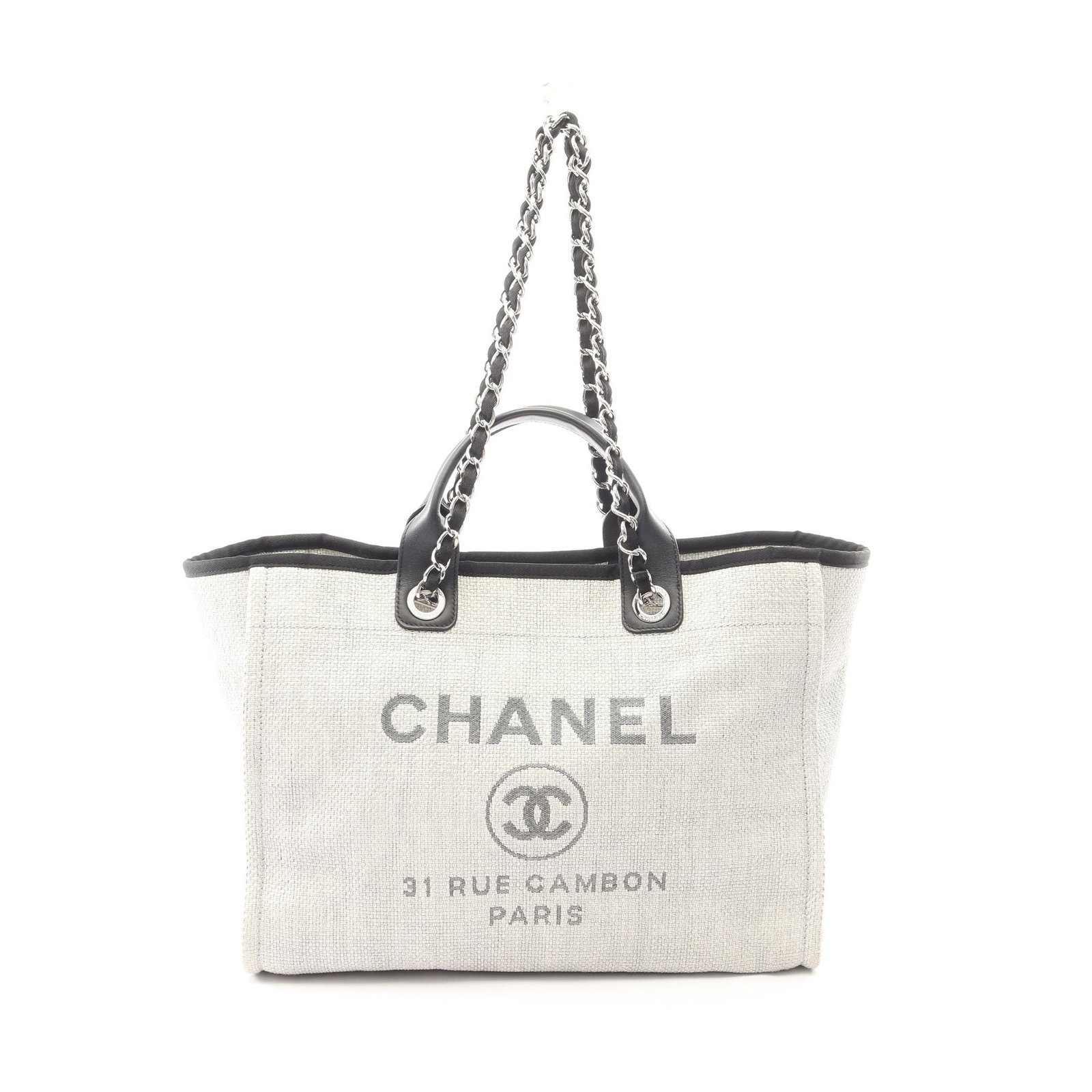 Chanel Deauville GM Raffia Tote: Authentic and authenticated Chanel Deauville GM 2WAY chain tote in light gray and black raffia leather with silver hardware. Model A66941. Approx. 29H x 49/38W x 19D cm. Includes serial seal.