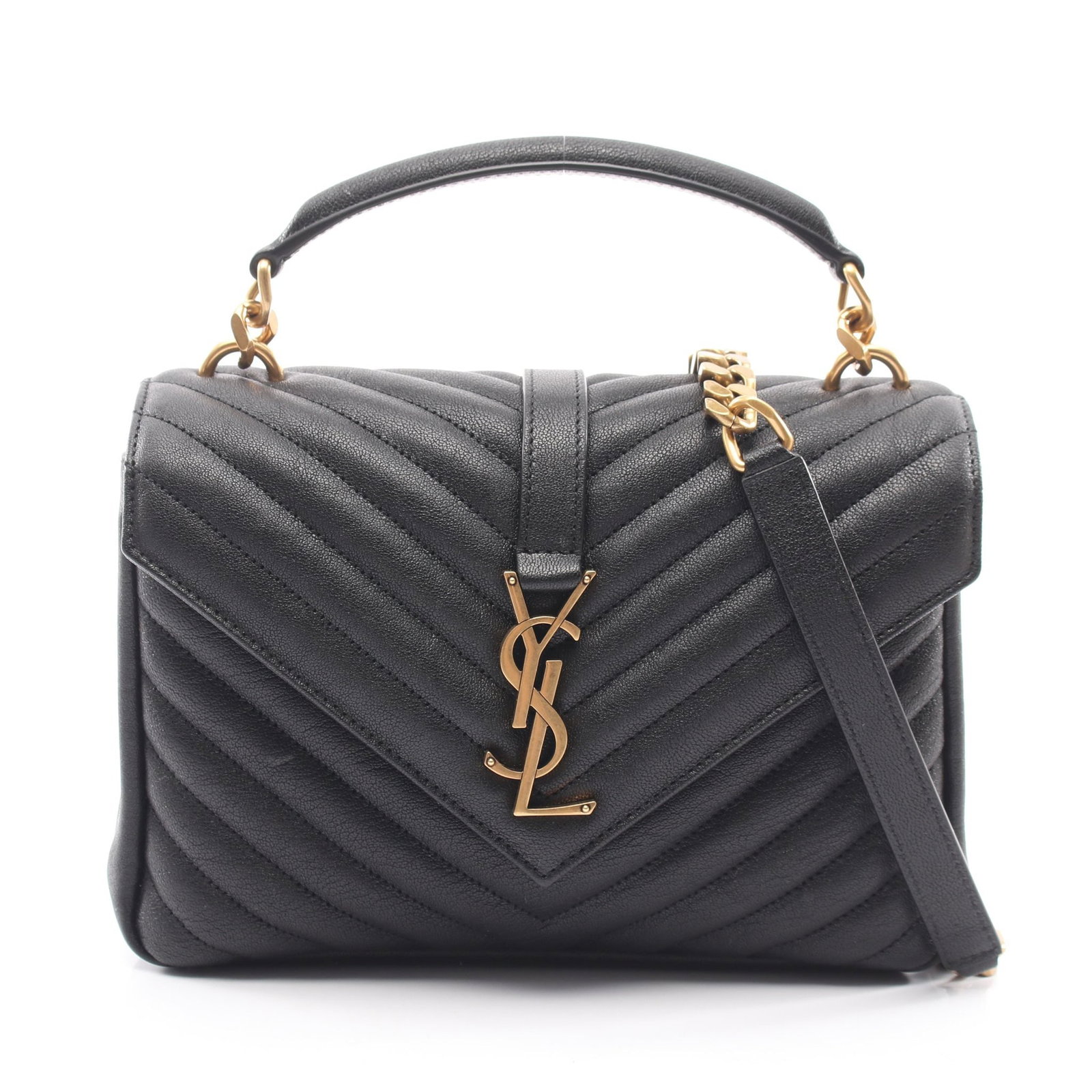 Saint Laurent College Medium 2WAY: Authentic and authenticated Saint Laurent Paris College Medium 2WAY handbag in black leather. Model 600279BRM071000. Approx. 17H x 23/24W x 6D cm with 26 cm handle and 116 cm chain strap.