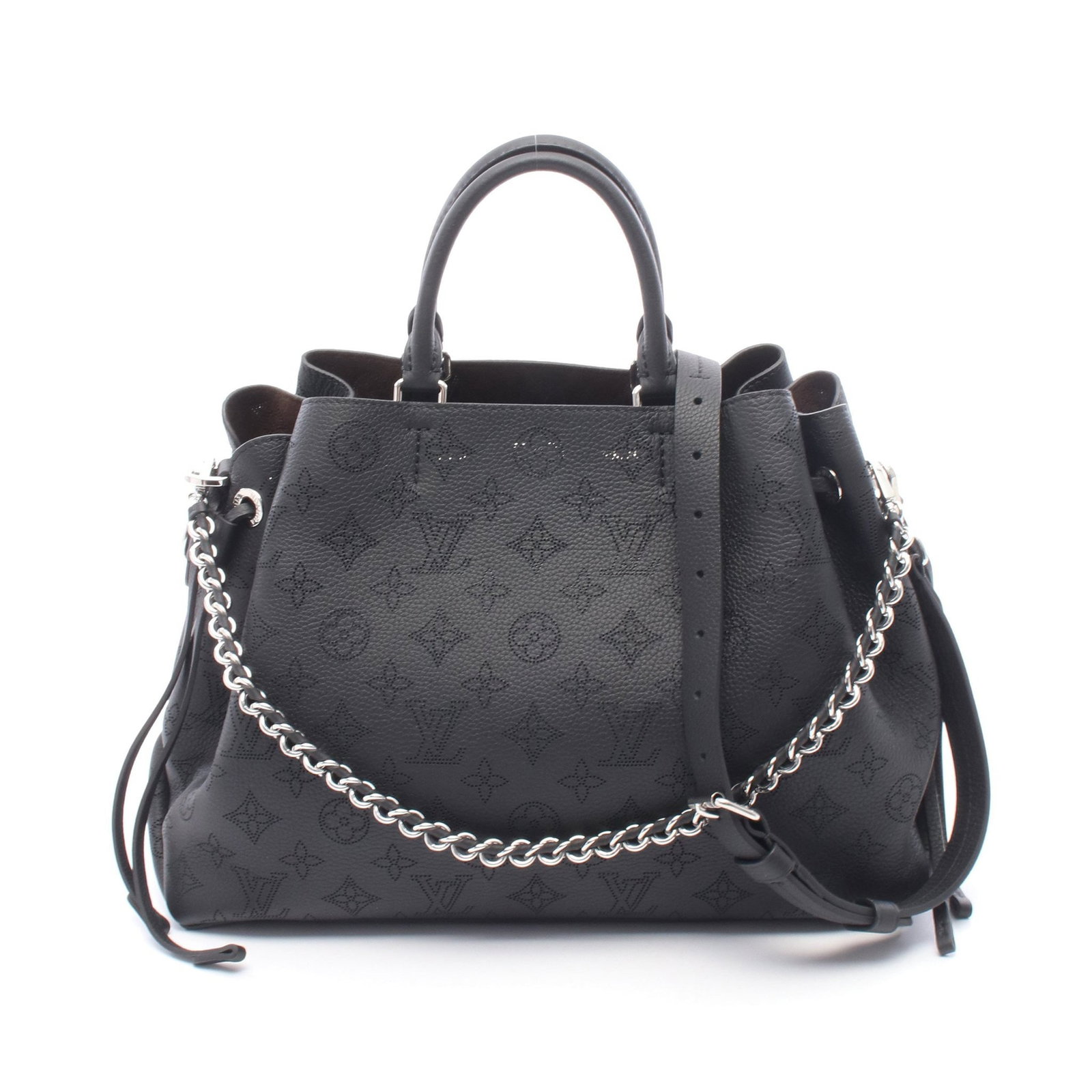 LV Bella Tote Mahina Noir: Authentic and authenticated Louis Vuitton Bella Tote Mahina Noir tote handbag in black leather with RFID. Model M59200. Approx. 23H x 32W x 13D cm. Includes shoulder strap and chain shoulder strap.