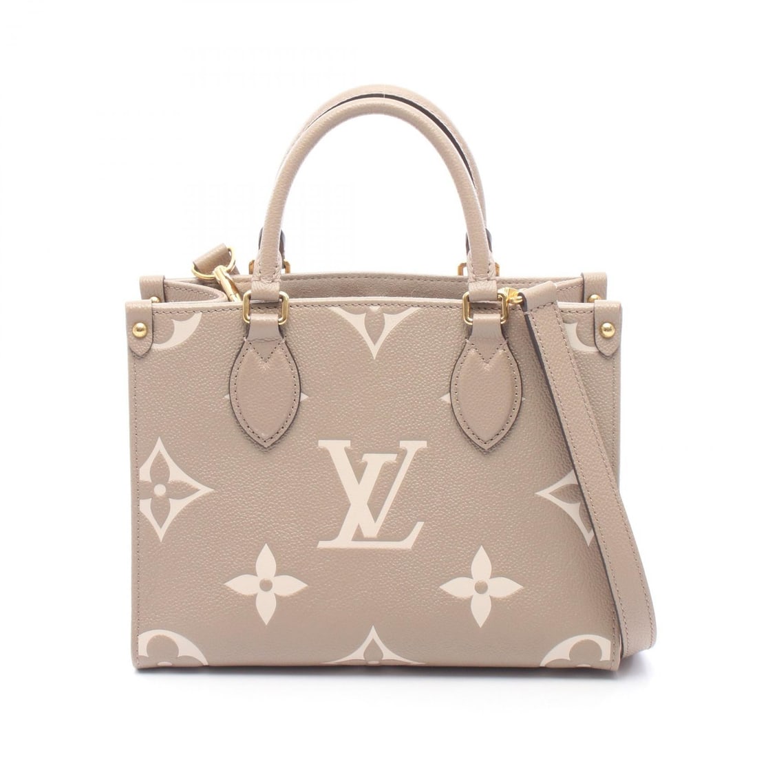 LV On-The-Go PM Bicolor Beige: Authentic and authenticated Louis Vuitton On-The-Go PM Bicolor Monogram Empreinte 2WAY handbag in gray beige and ivory leather with RFID. Model M45779. Approx. 19H x 24/25W x 9D cm.