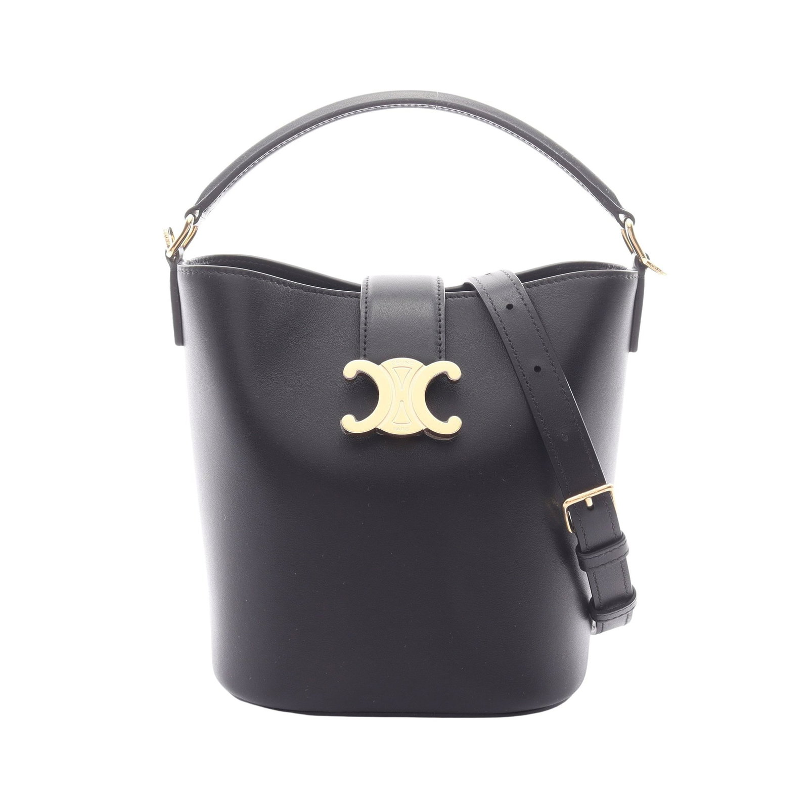 Celine Small Louise Bucket Black: Authentic and authenticated Celine Small Louise Bucket 2WAY handbag in black leather. Model 119173FX938NO. Approx. 18H x 20/16W x 12D cm with 27 cm handle and 98-110 cm strap. Includes storage bags.