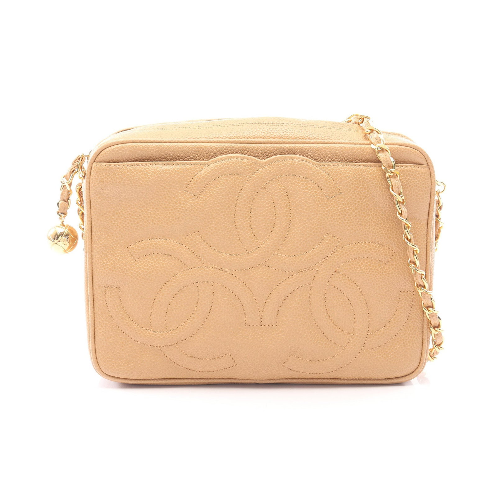 Chanel Triple Coco Chain Bag Beige: Authentic and authenticated Chanel Triple Coco Mark chain shoulder bag in beige caviar skin with gold hardware. Approx. 16H x 22W x 6D cm with 105 cm strap. Includes serial seal.