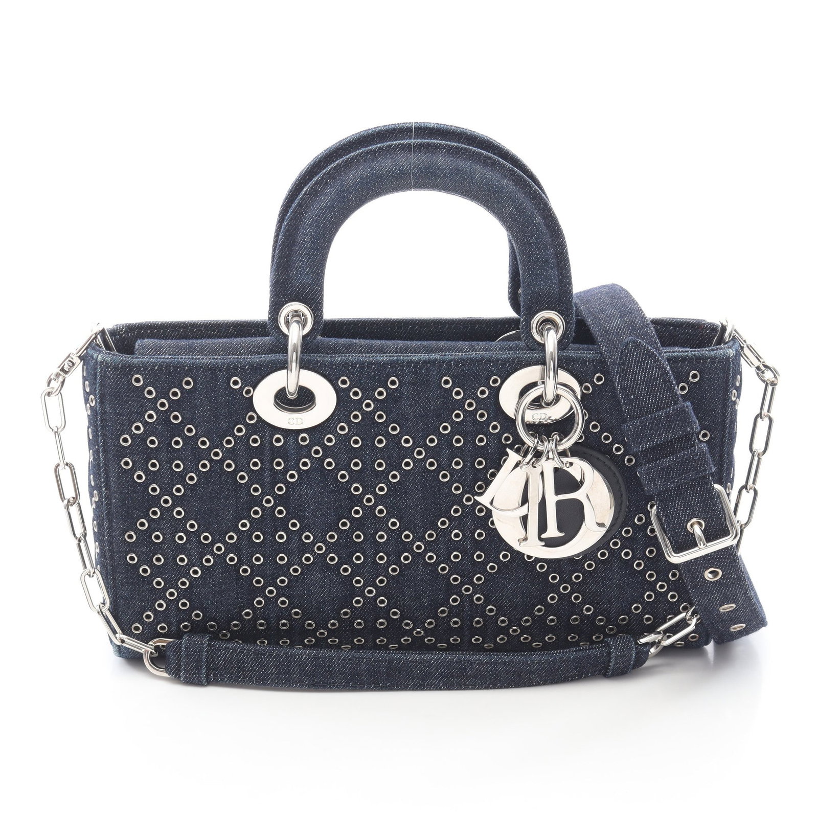 Dior Lady D-Joy Medium Denim: Authentic and authenticated Christian Dior Lady D-Joy Medium 3WAY handbag in indigo blue denim. Approx. 13.5H x 26/25.5W x 5D cm with 23 cm handle, chain strap, and shoulder strap.
